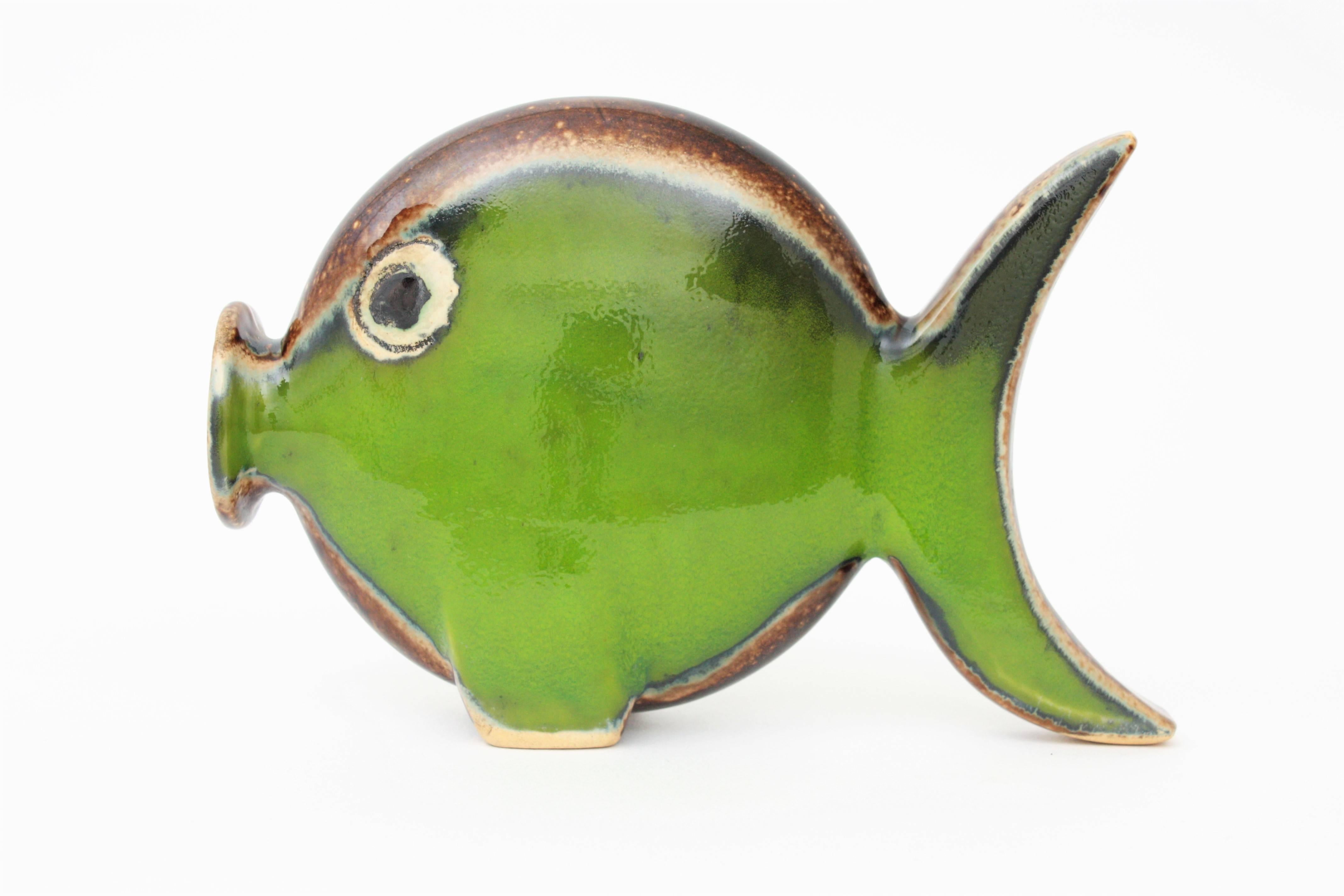 Spanish Modern Majolica Ceramic Green and Brown Fish Figure, 1950s In Excellent Condition In Barcelona, ES
