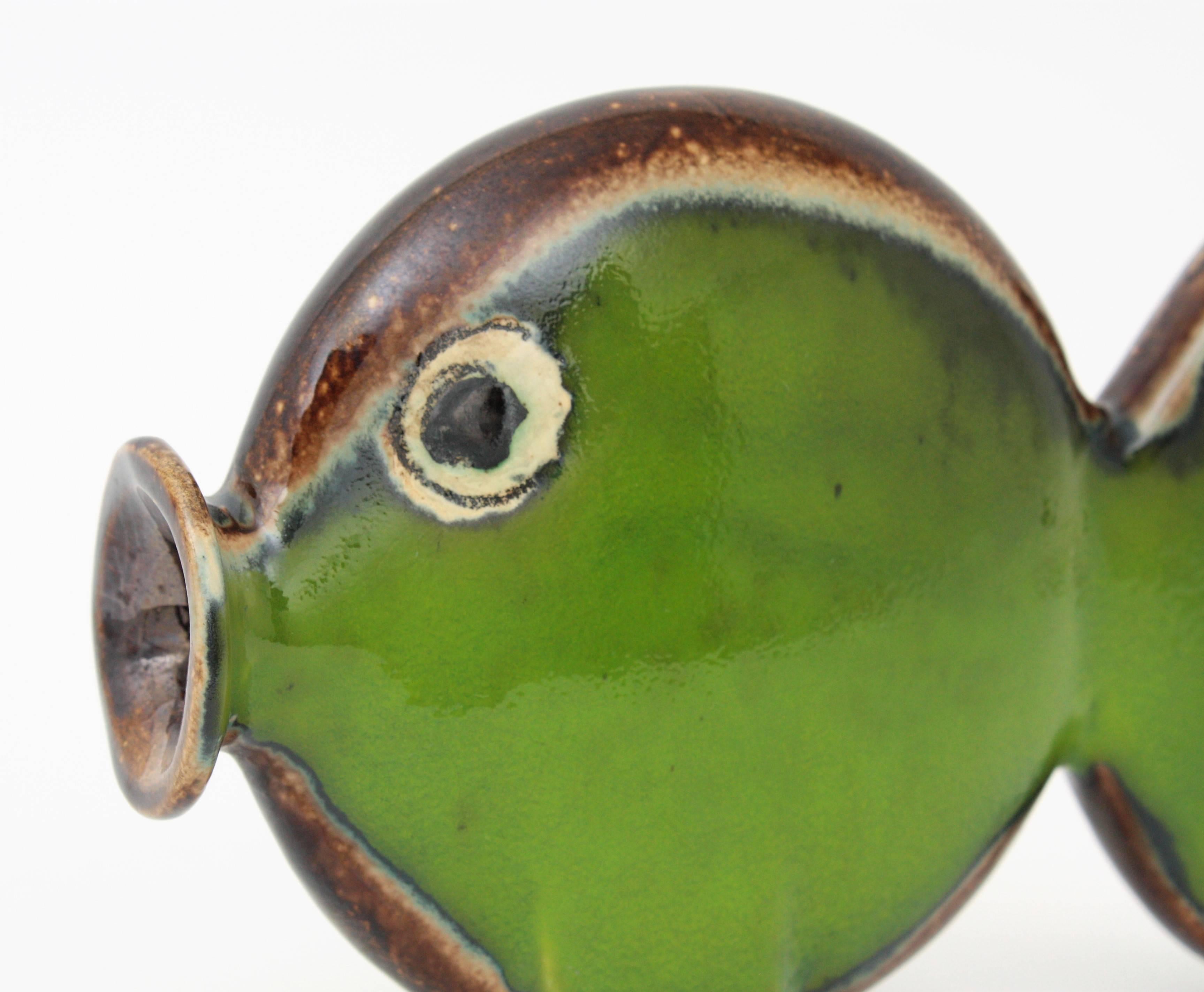 20th Century Spanish Modern Majolica Ceramic Green and Brown Fish Figure, 1950s