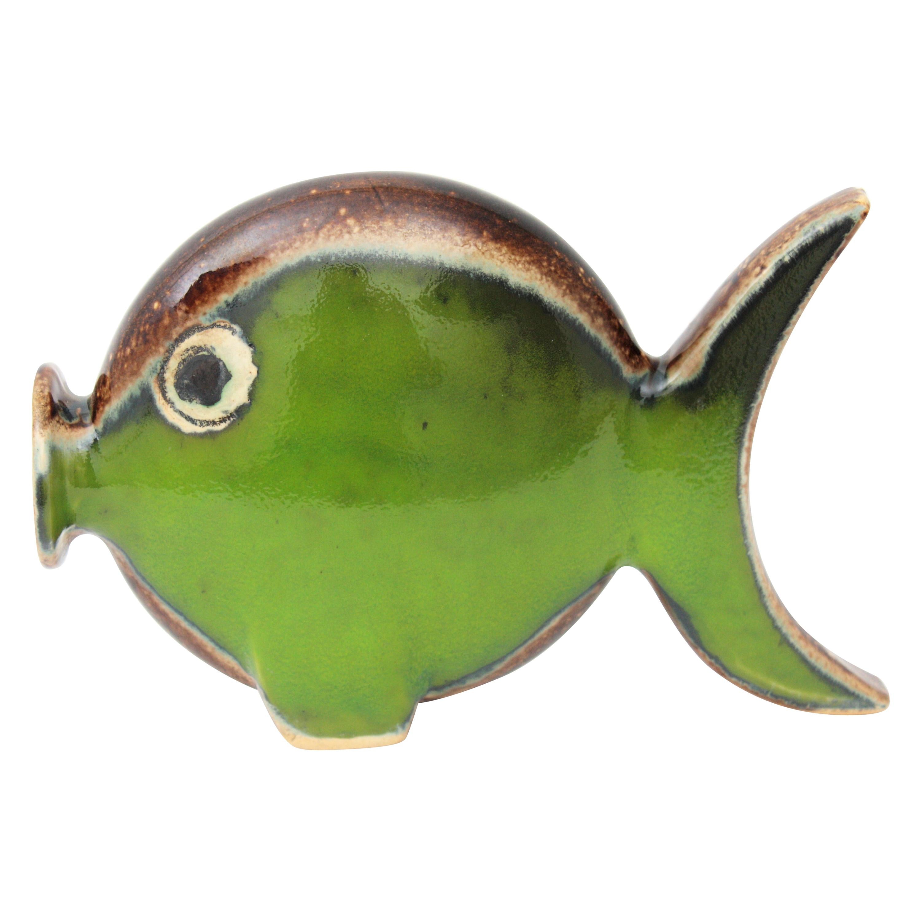 Spanish Modern Majolica Ceramic Green and Brown Fish Figure, 1950s
