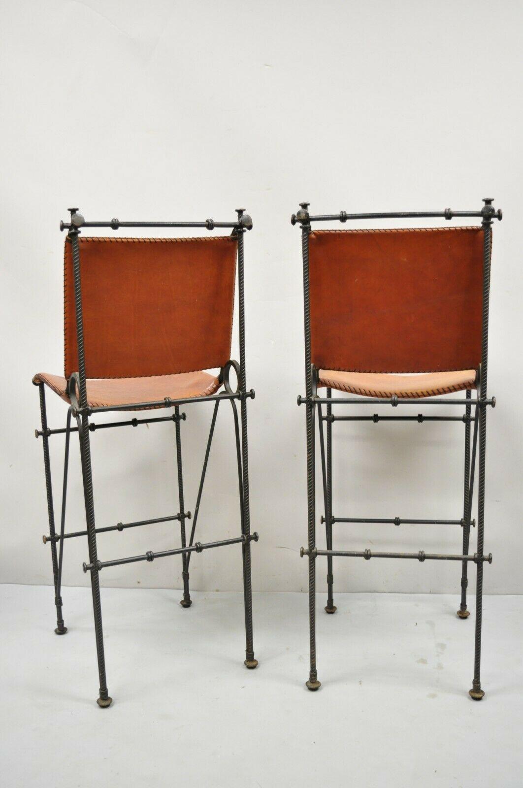 Spanish Modern Orange Leather Wrought Iron Brutalist Goor Bar Stools - a Pair 5