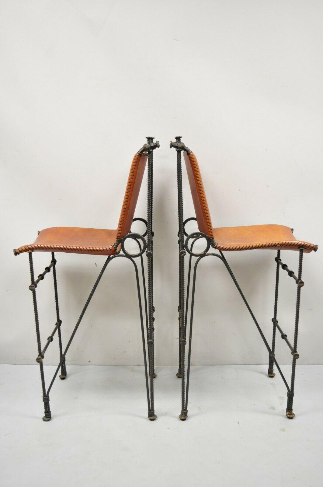 Spanish Modern Orange Leather Wrought Iron Brutalist Goor Bar Stools - a Pair 6