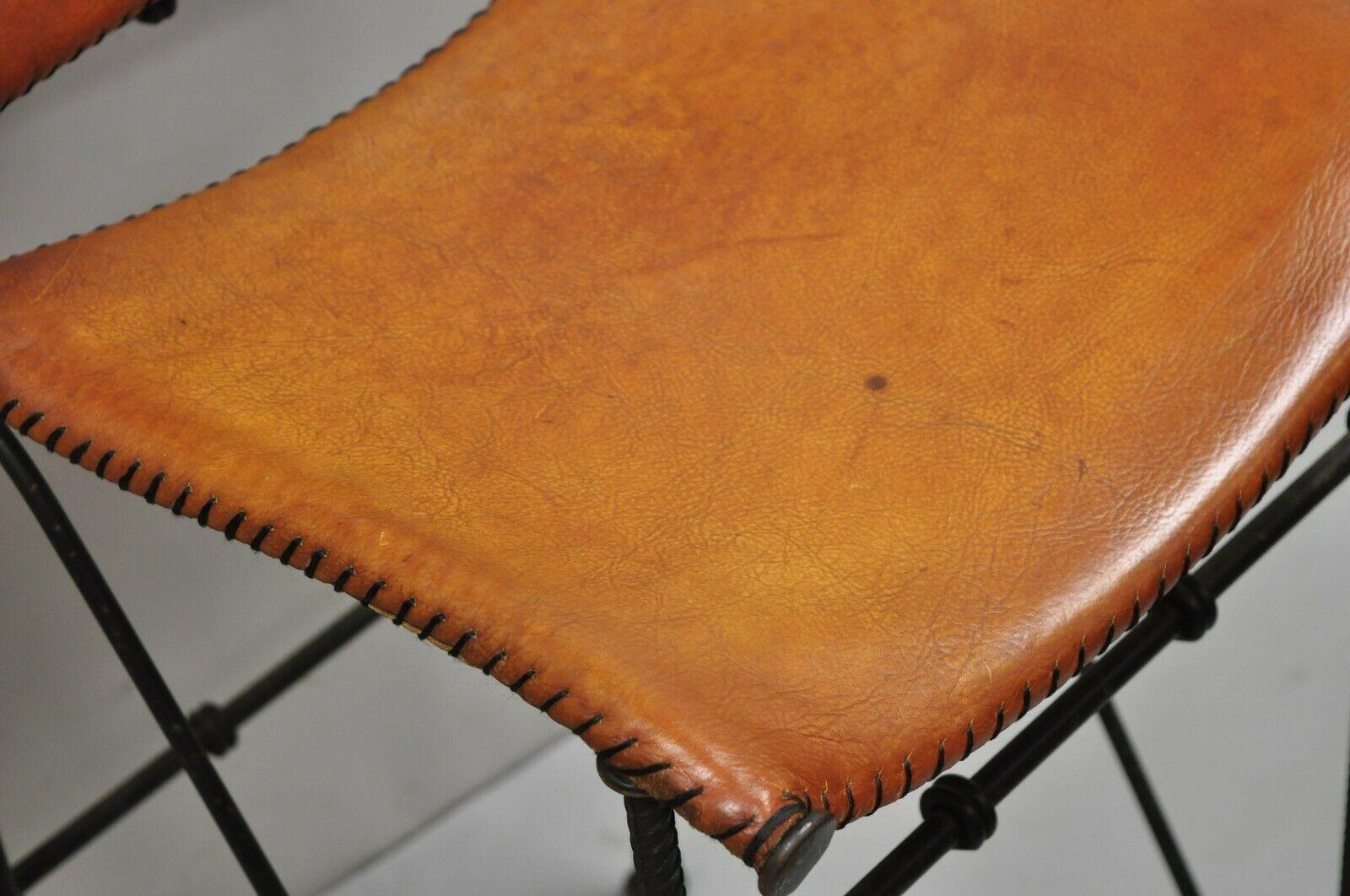 Spanish Modern Orange Leather Wrought Iron Brutalist Goor Bar Stools - a Pair 7