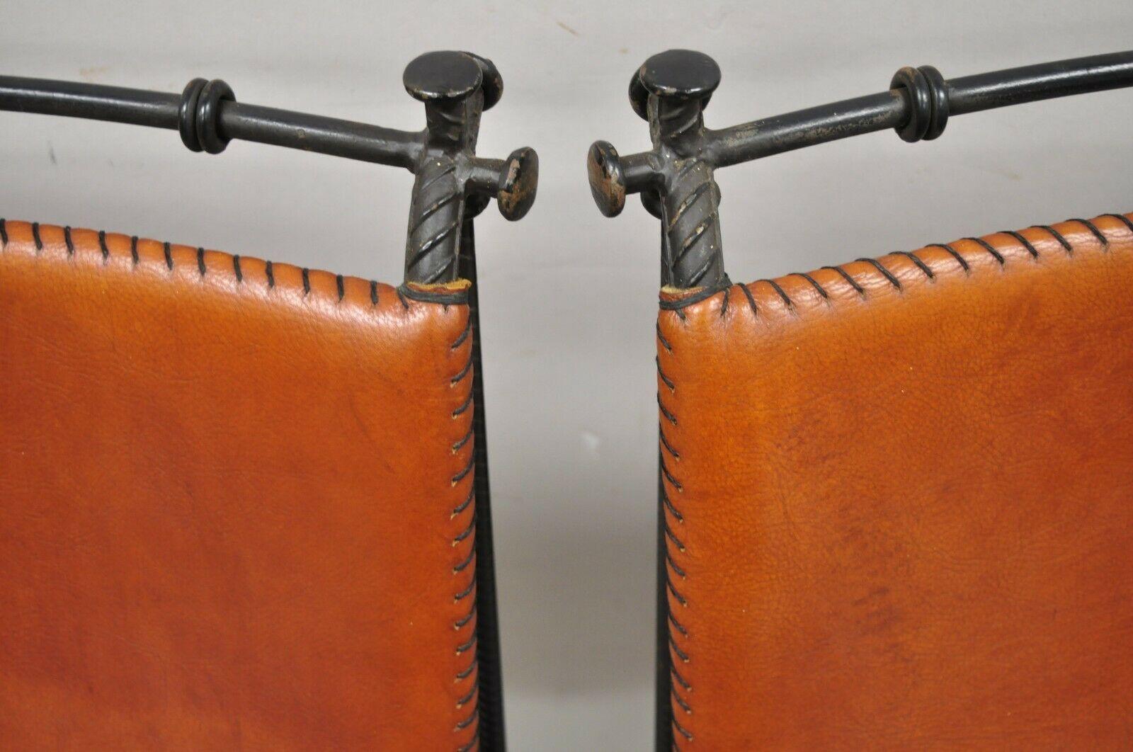 Spanish Modern Orange Leather Wrought Iron Brutalist Goor Bar Stools - a Pair In Good Condition In Philadelphia, PA