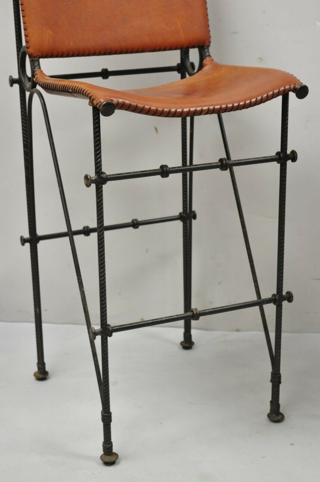 20th Century Spanish Modern Orange Leather Wrought Iron Brutalist Goor Bar Stools - a Pair