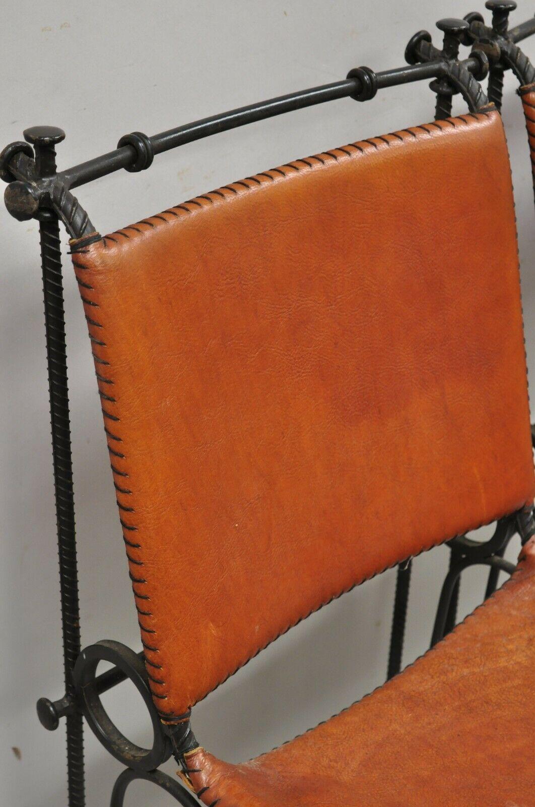 Spanish Modern Orange Leather Wrought Iron Brutalist Goor Bar Stools - a Pair 1