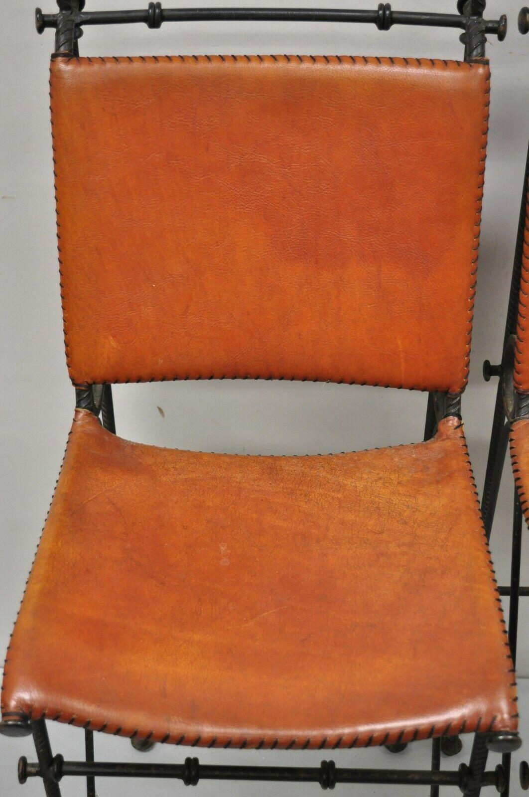 Spanish Modern Orange Leather Wrought Iron Brutalist Goor Bar Stools - a Pair 3