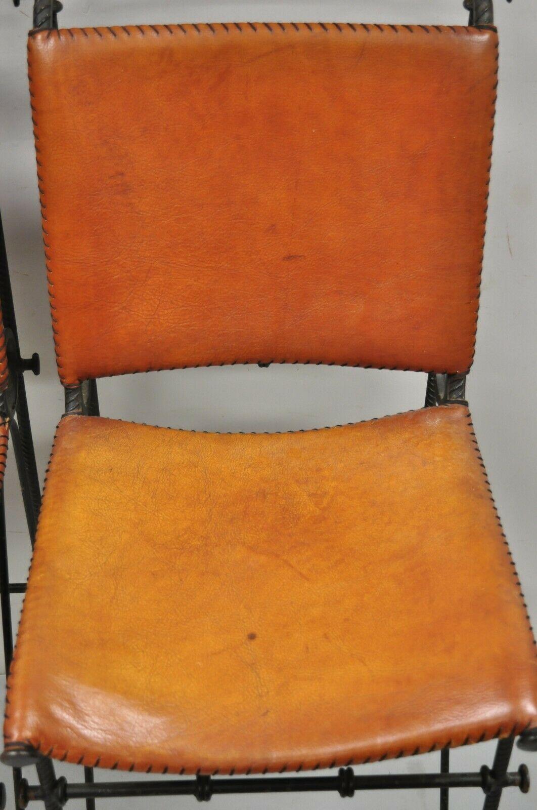 Spanish Modern Orange Leather Wrought Iron Brutalist Goor Bar Stools - a Pair 4