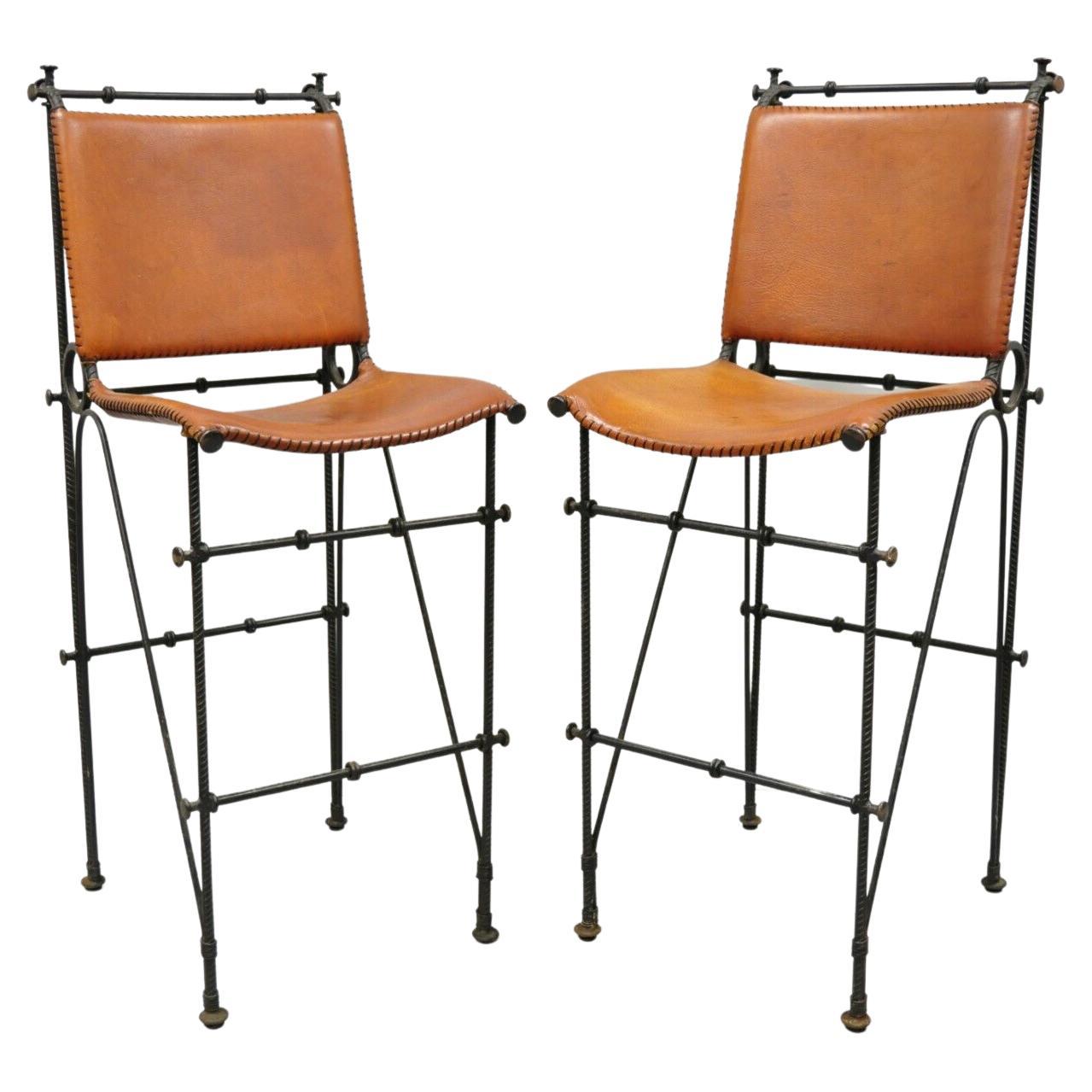 Spanish Modern Orange Leather Wrought Iron Brutalist Goor Bar Stools - a Pair