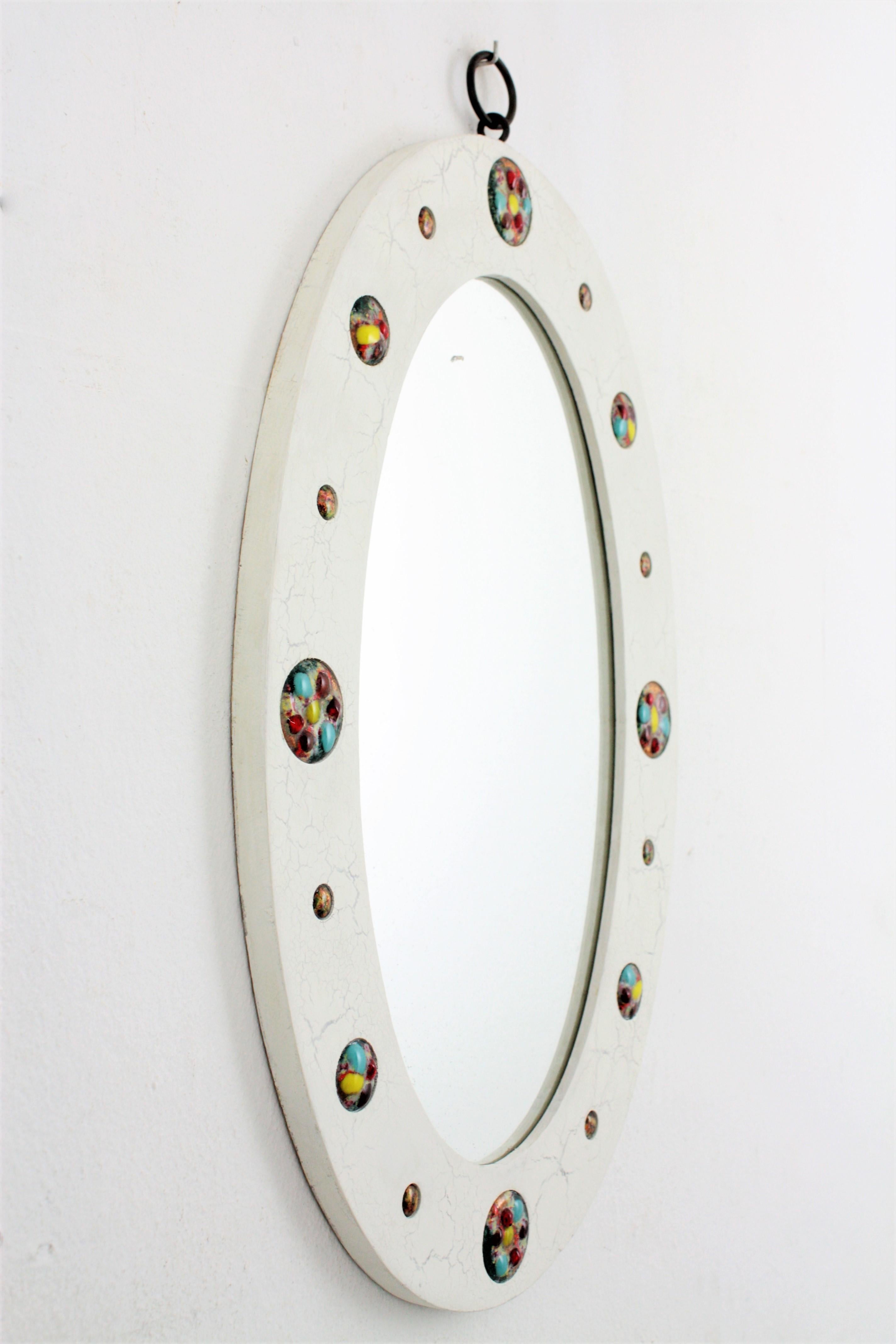 Wood Oval Wall Mirror with Enamel Multi-Color Decorations, 1960s For Sale