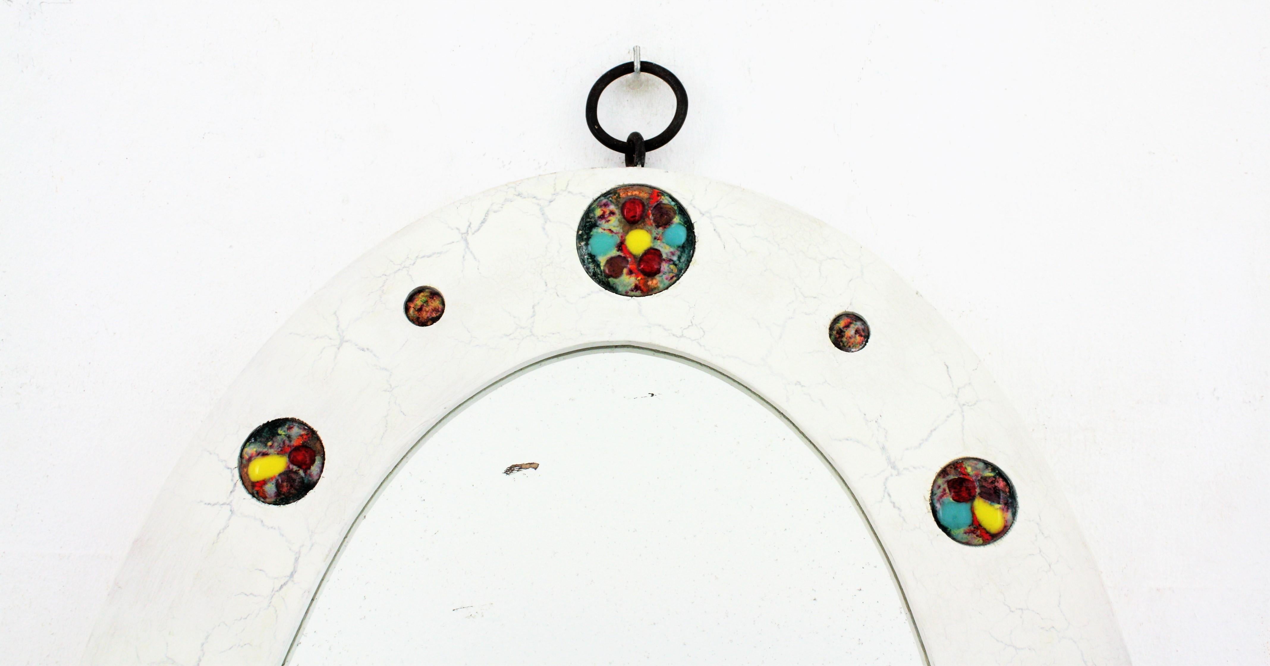 Oval Wall Mirror with Enamel Multi-Color Decorations, 1960s For Sale 4