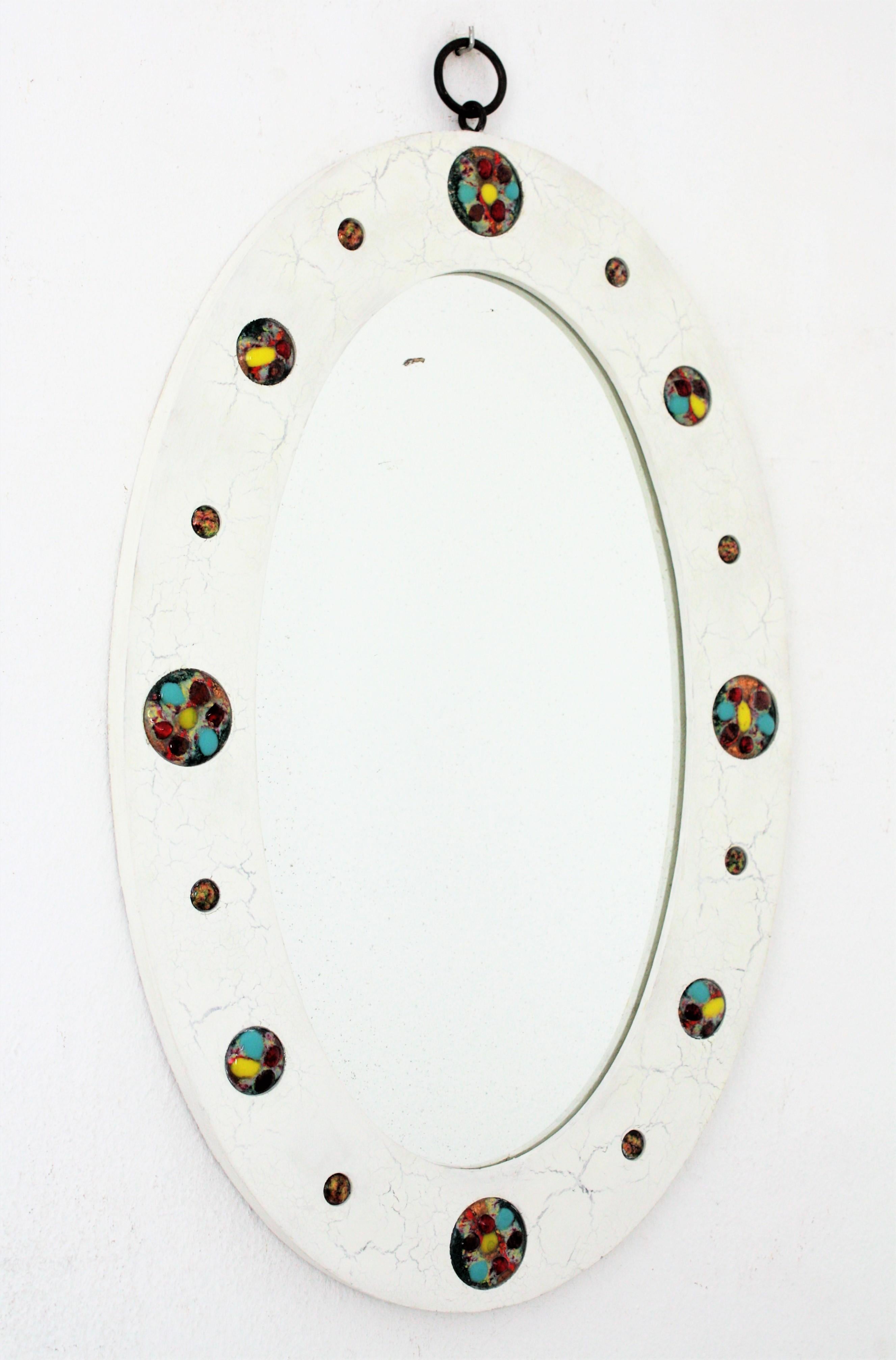 Spanish Oval Wall Mirror with Enamel Multi-Color Decorations, 1960s For Sale