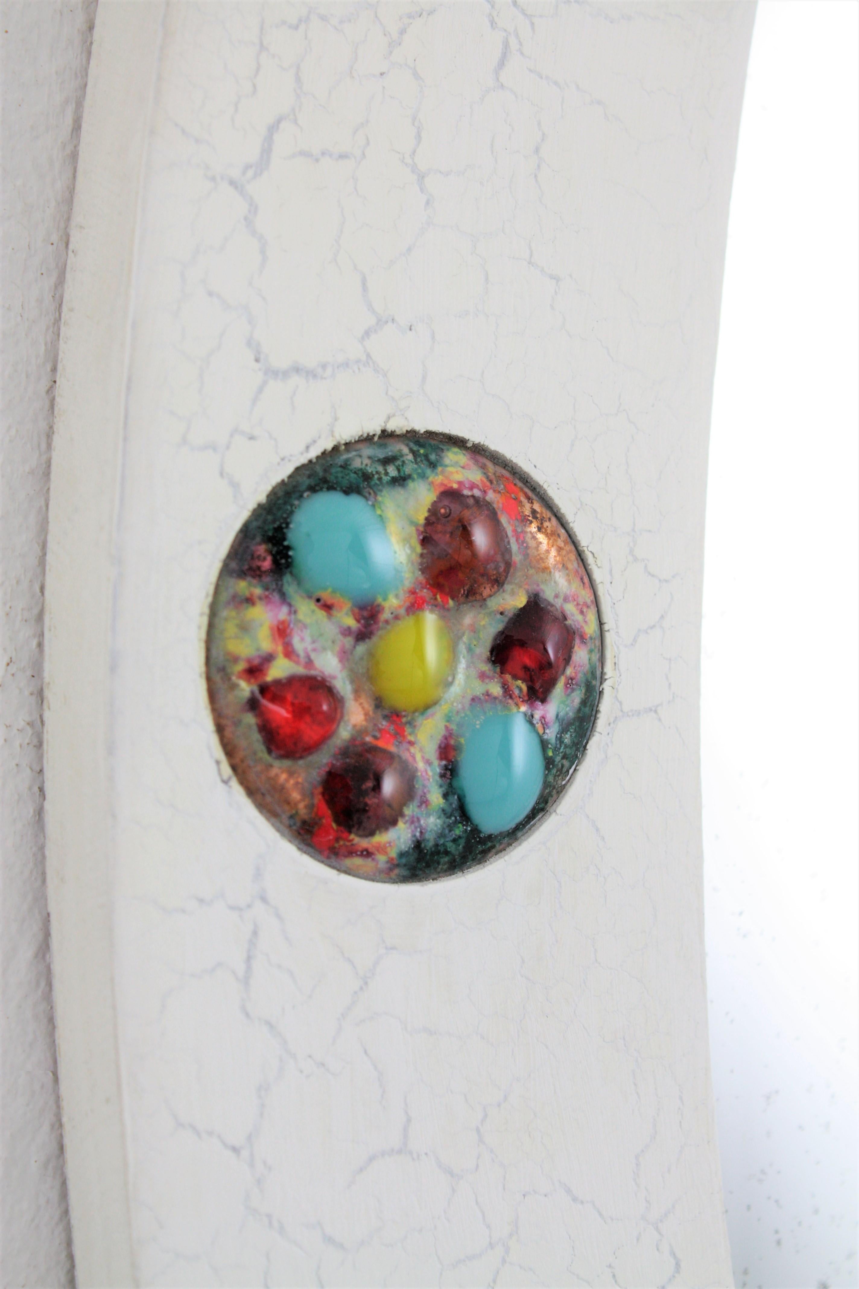 Patinated Oval Wall Mirror with Enamel Multi-Color Decorations, 1960s For Sale