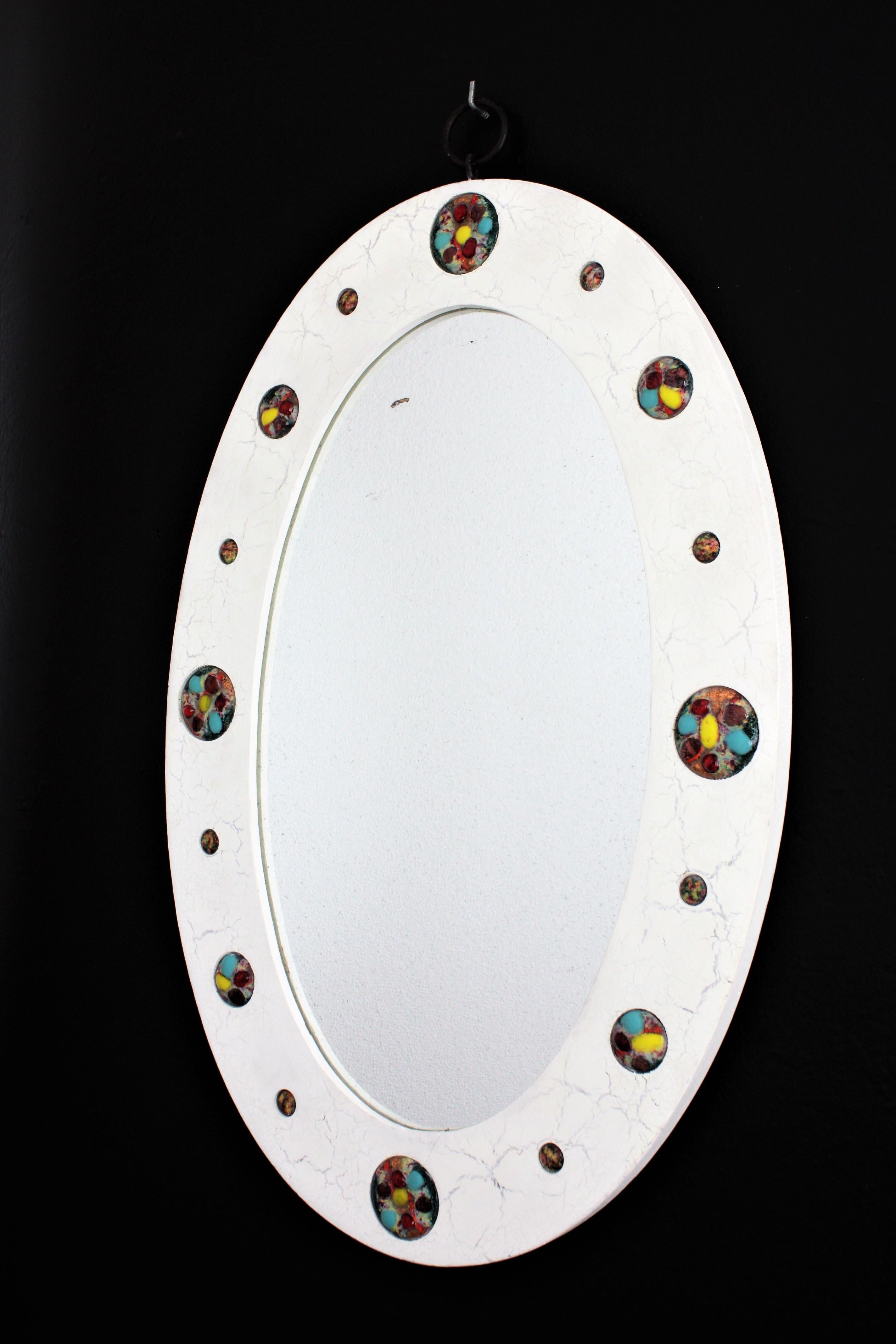 20th Century Oval Wall Mirror with Enamel Multi-Color Decorations, 1960s For Sale