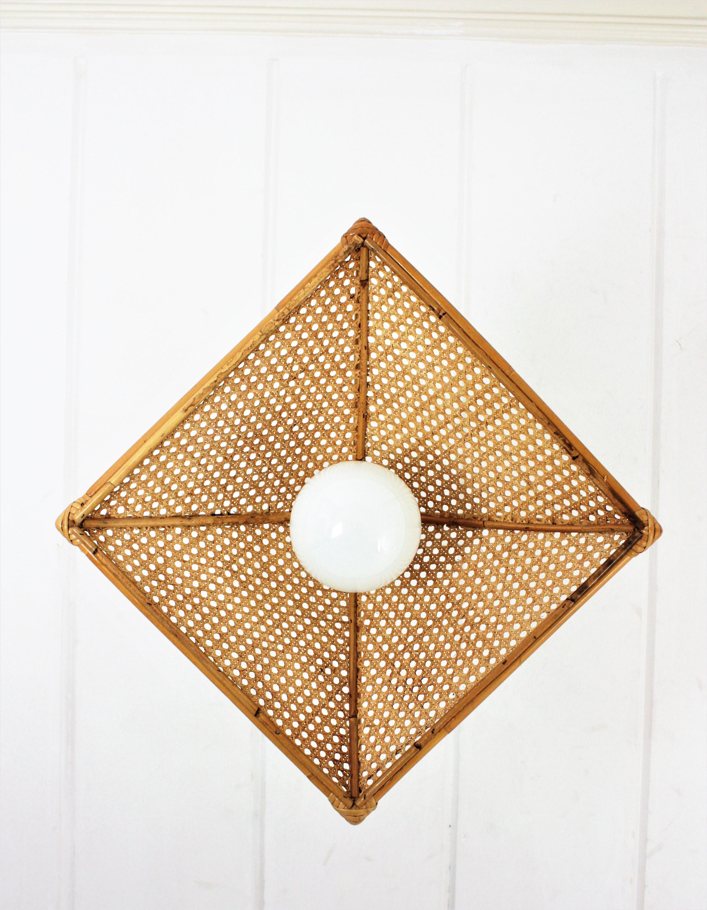 Spanish Modern Rattan and Wicker Wire Trapezoid Pendant Hanging Light, 1960s For Sale 7