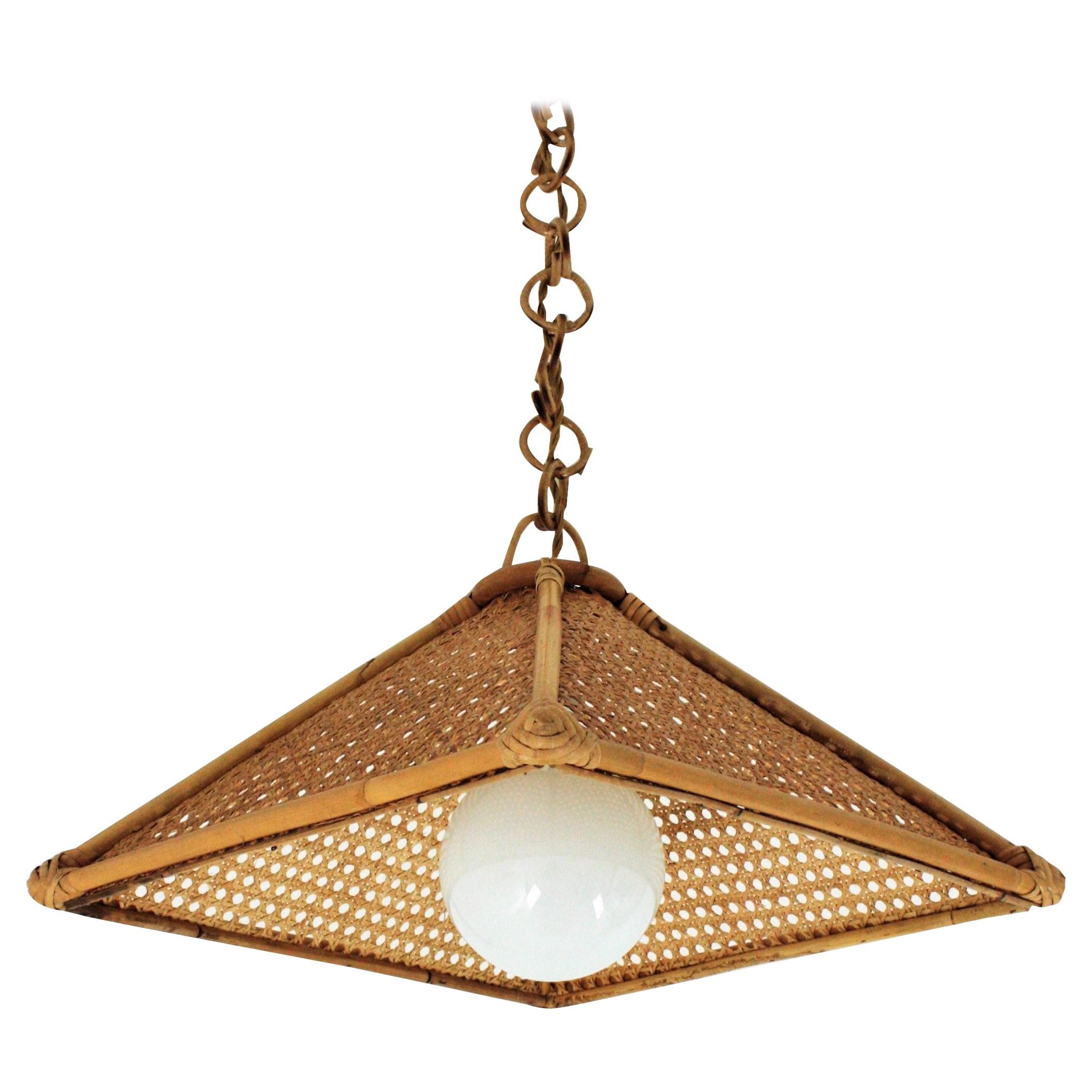 Spanish Modern Rattan & Wicker Wire Trapezoid Pendant Hanging Light For Sale