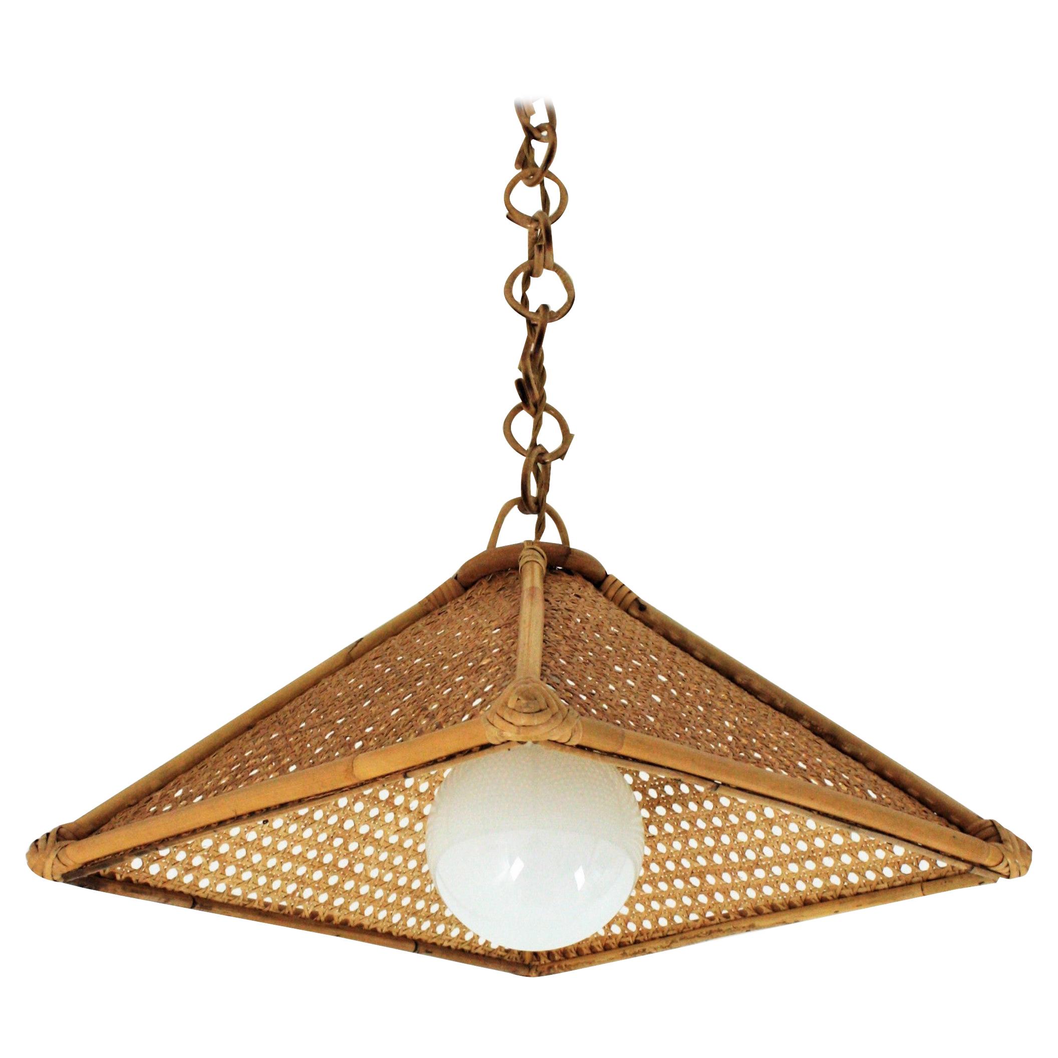 Spanish Modern Rattan & Wicker Wire Trapezoid Pendant Hanging Light