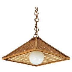 Retro Spanish Modern Rattan and Wicker Wire Trapezoid Pendant Hanging Light, 1960s