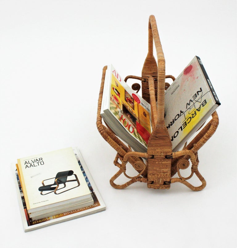 Spanish Modern Foldable Magazine Rack in Rattan with Filigree Details