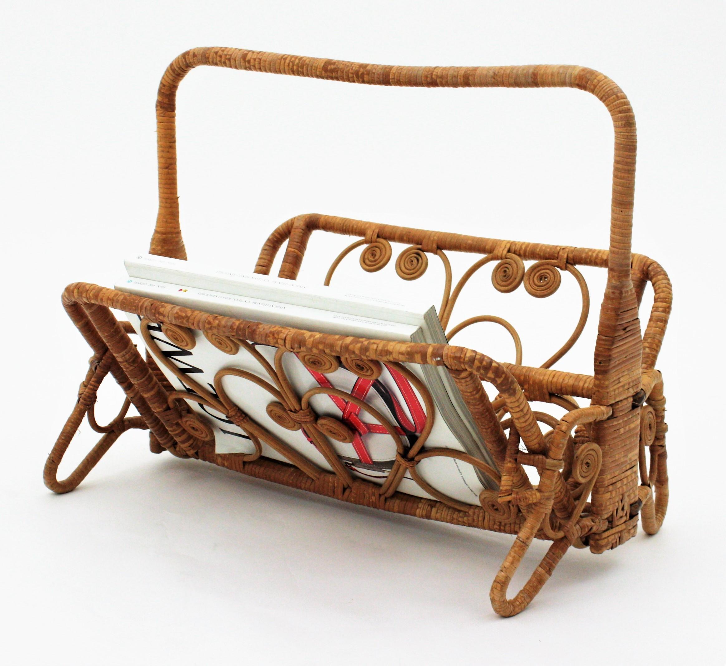 Mid-Century Modern Rattan Wicker Magazine Rack, 1960s For Sale