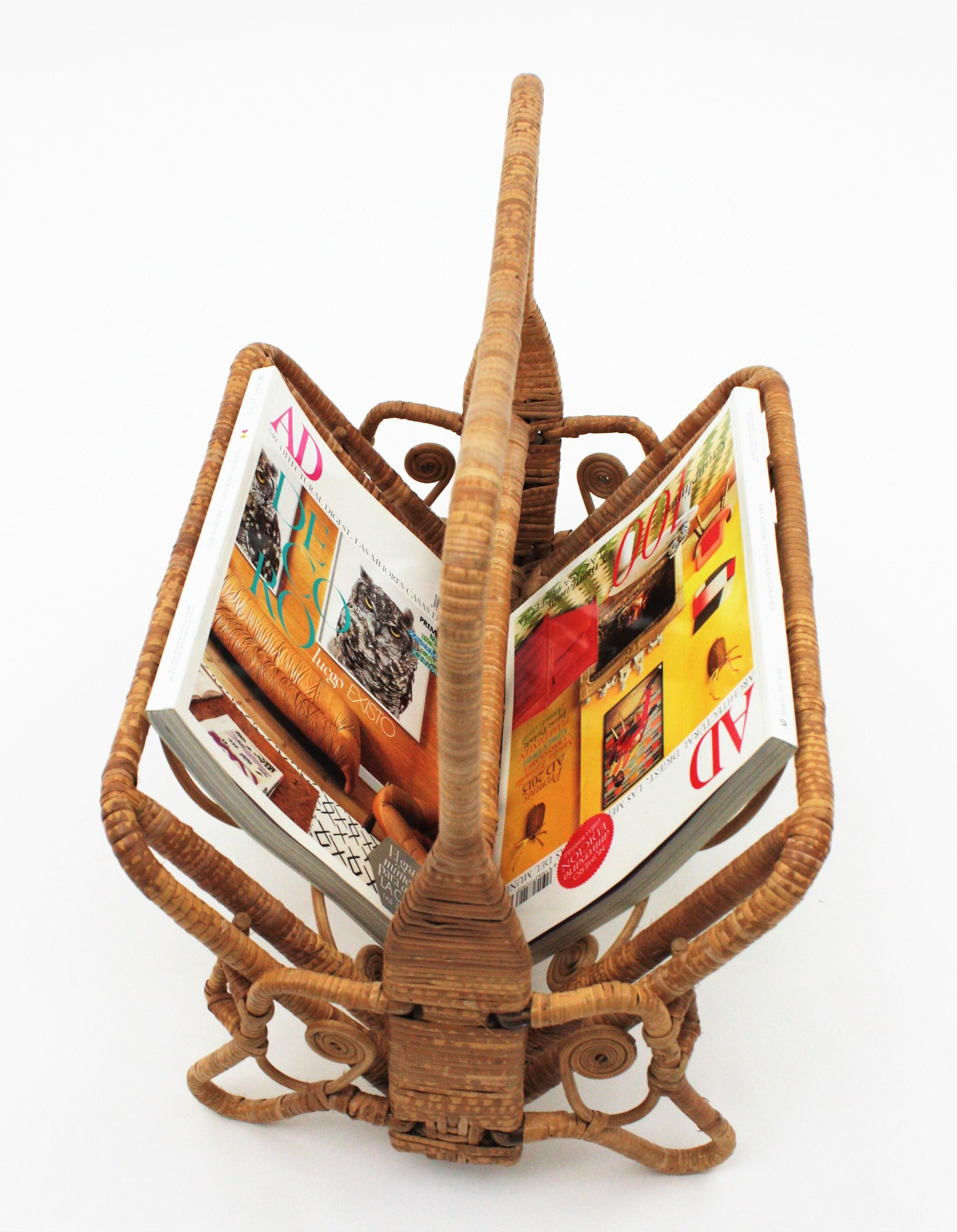 Rattan Wicker Magazine Rack, 1960s For Sale 1