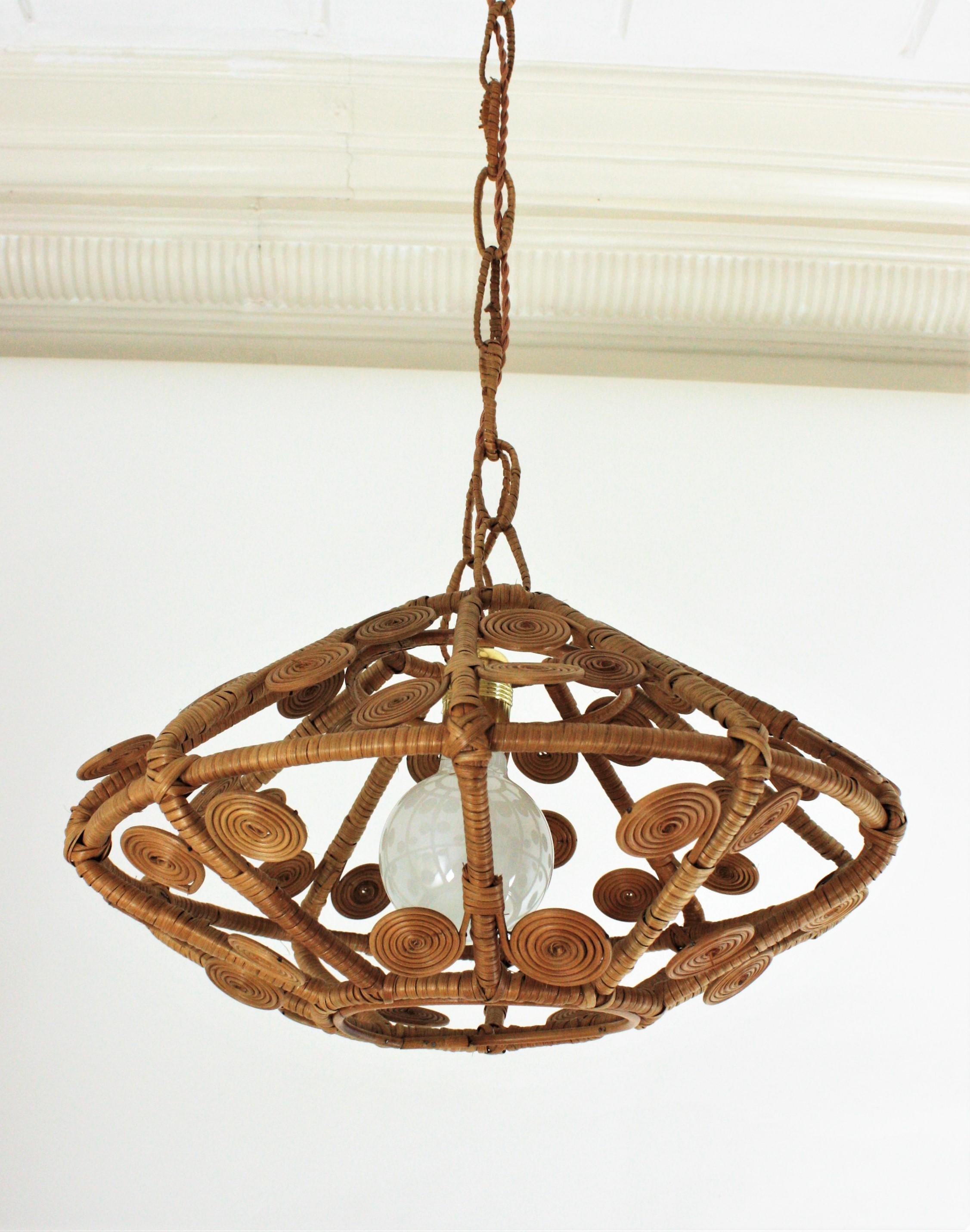 Spanish Modern Rattan Wicker Pendant Hanging Lamp with Filigree Details, 1960s 3