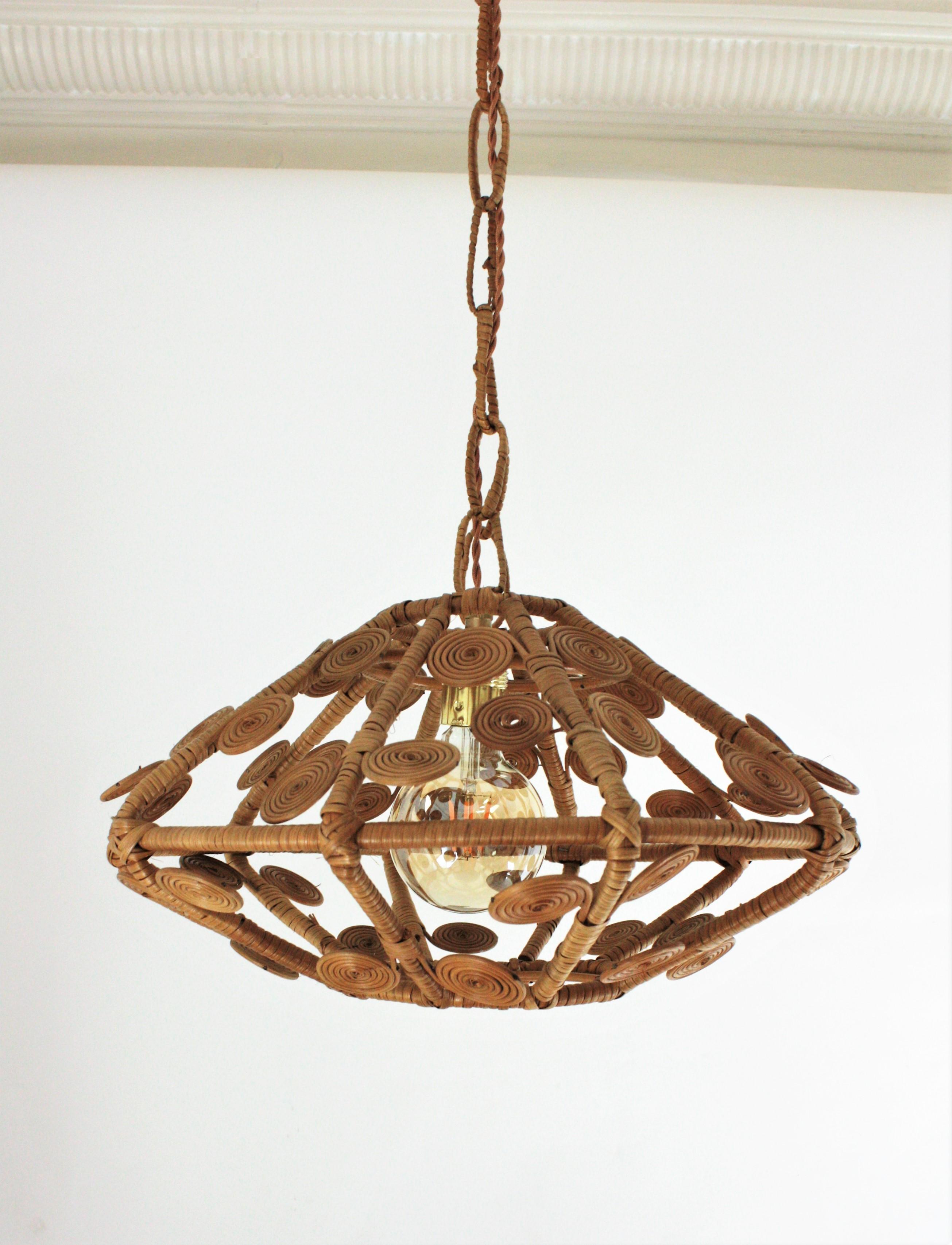 Spanish Modern Rattan Wicker Pendant Hanging Lamp with Filigree Details, 1960s 4