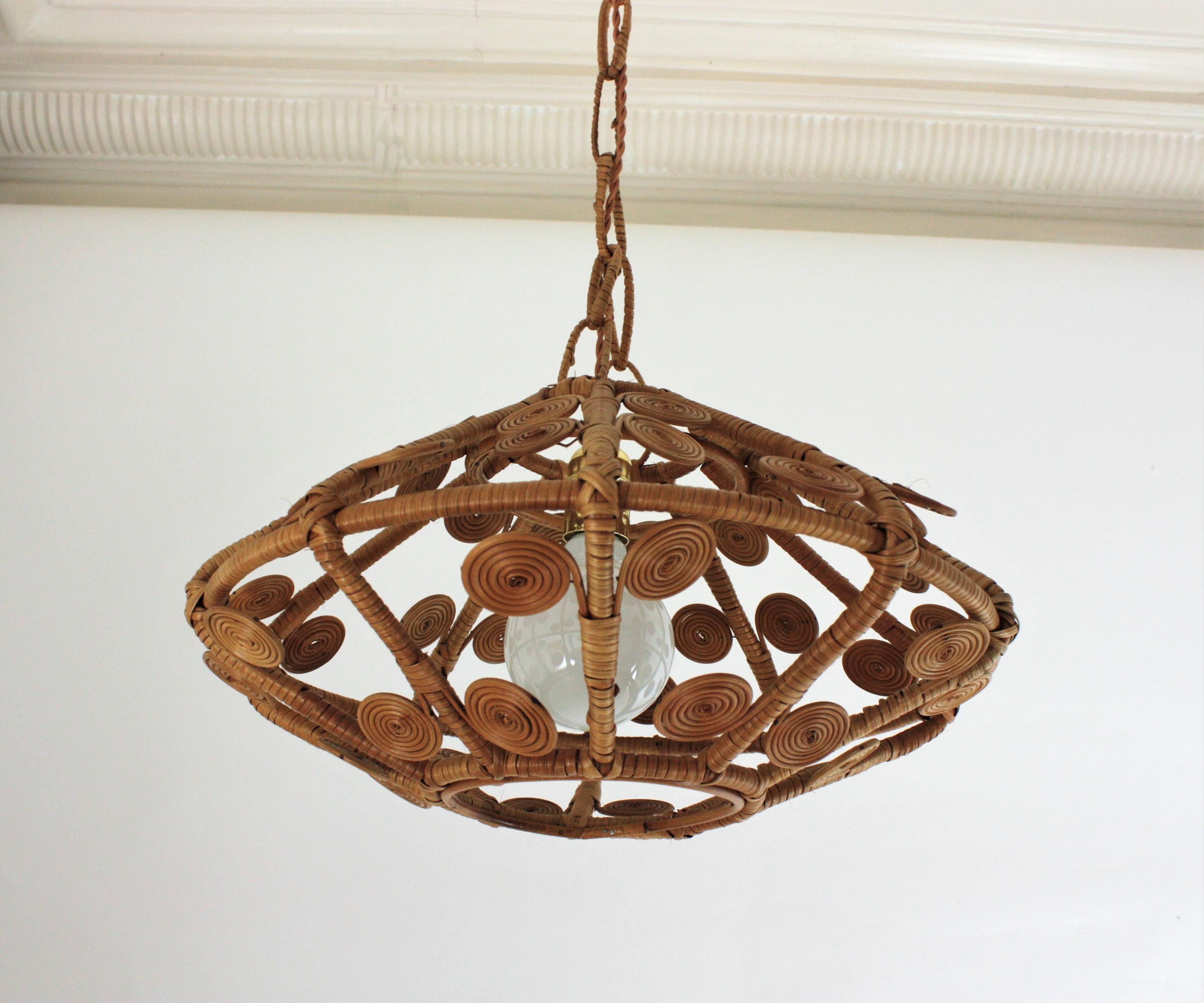 Spanish Modern Rattan Wicker Pendant Hanging Lamp with Filigree Details, 1960s 5