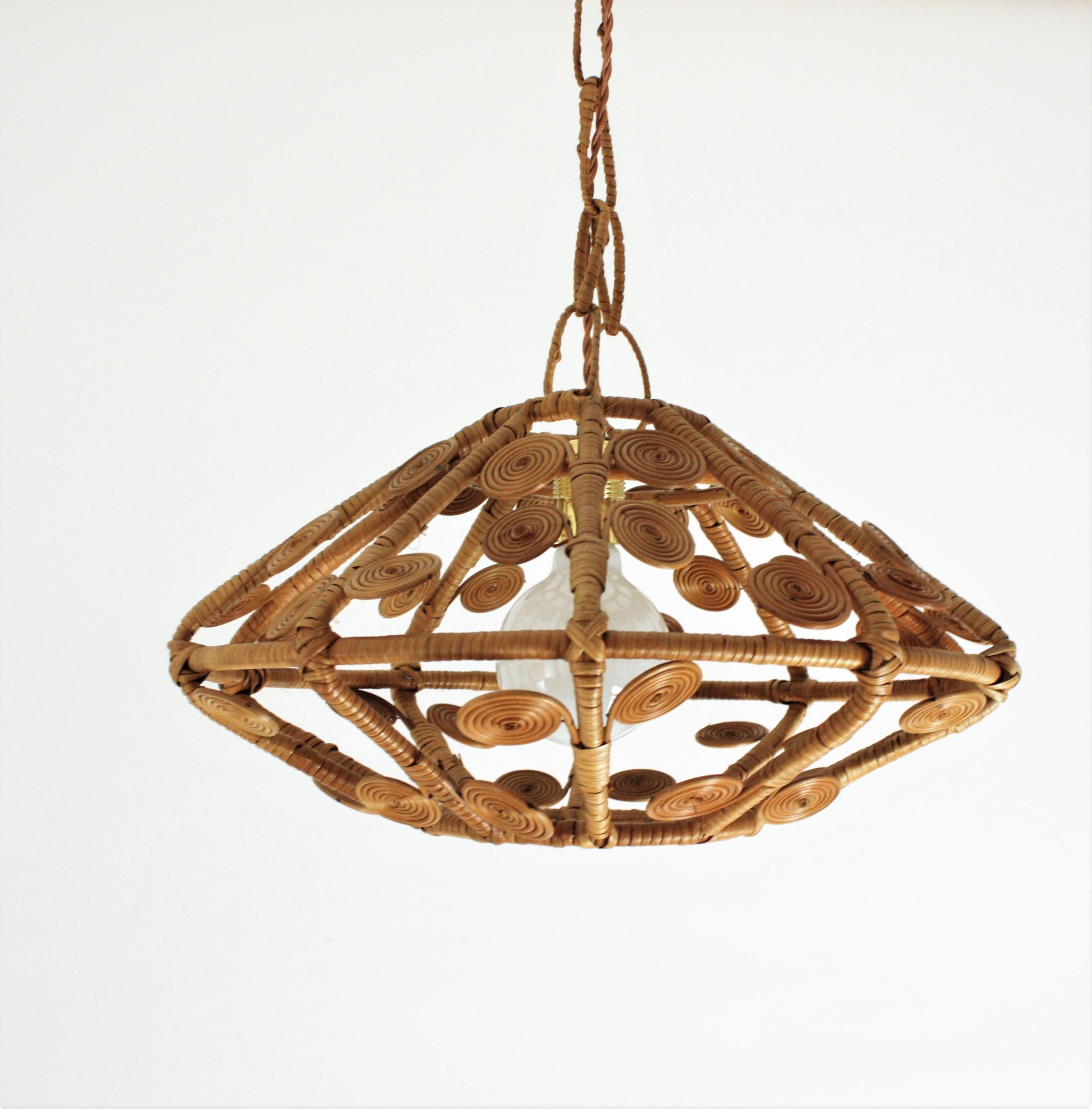 Spanish Modern Rattan Wicker Pendant Hanging Lamp with Filigree Details, 1960s 6