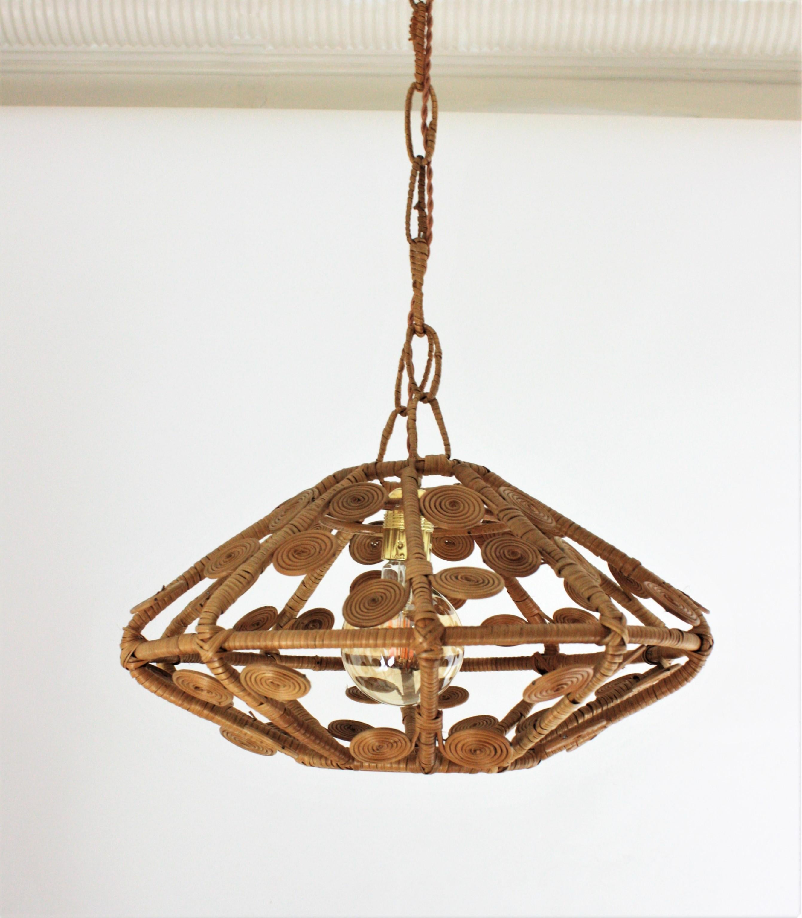 Spanish Modern Rattan Wicker Pendant Hanging Lamp with Filigree Details, 1960s 8