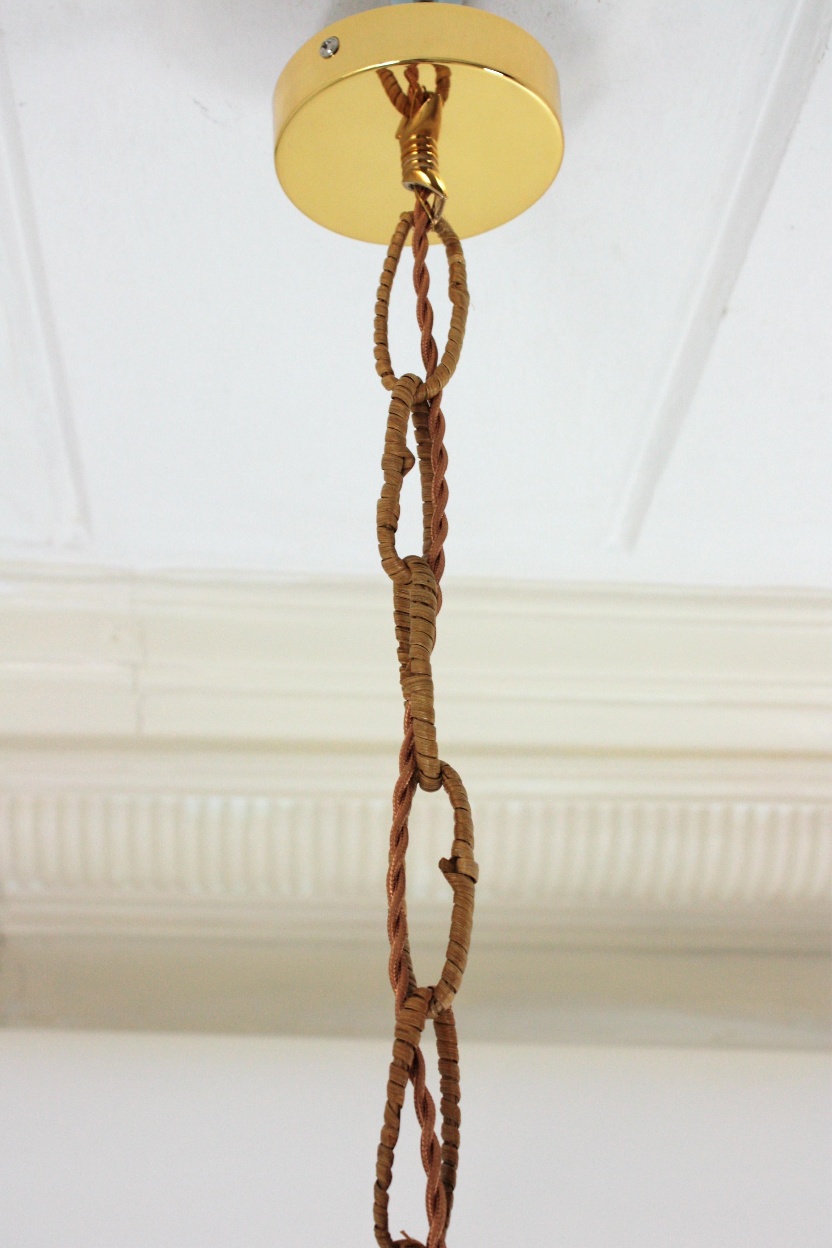 Spanish Modern Rattan Wicker Pendant Hanging Lamp with Filigree Details, 1960s 9