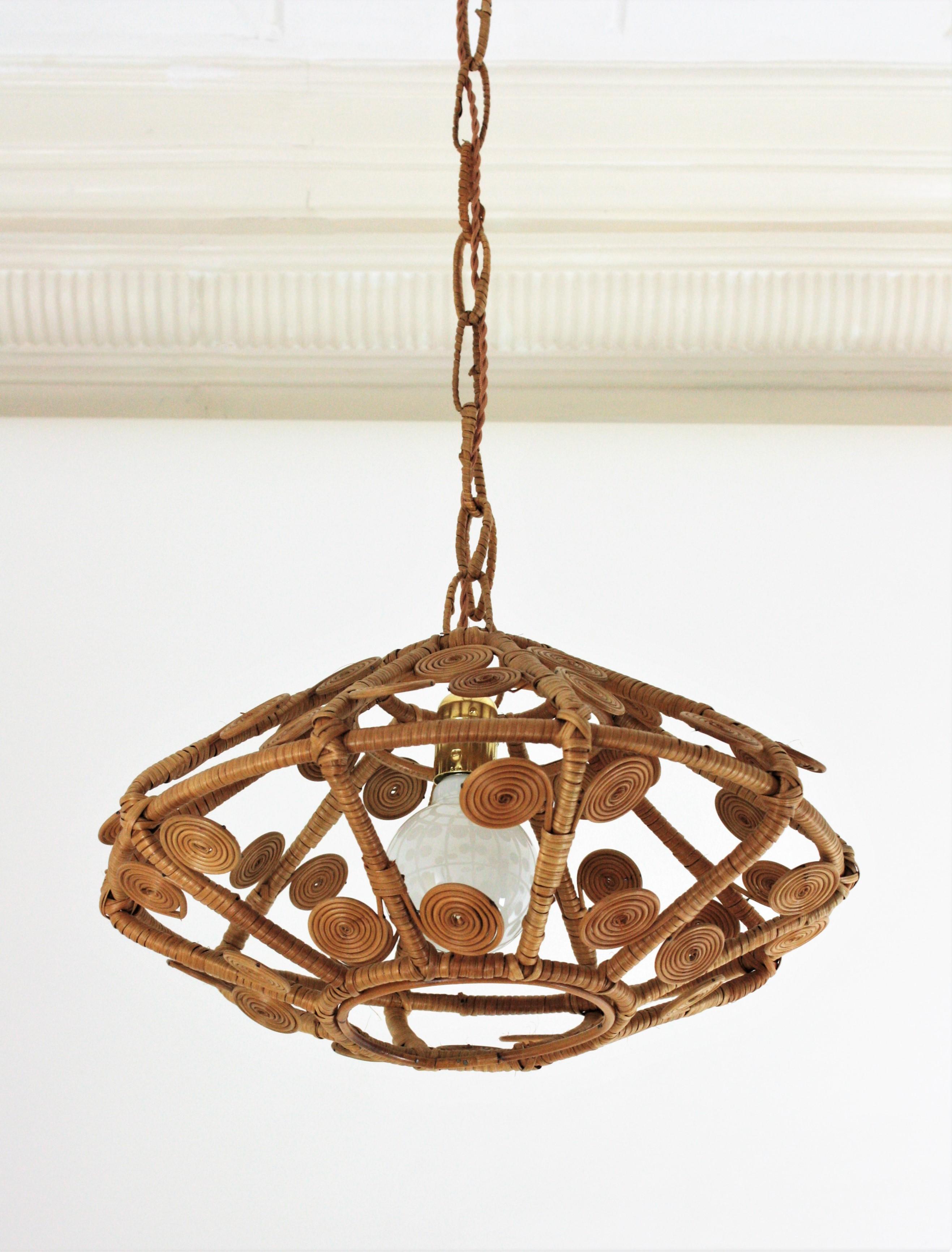 Spanish Modern Rattan Wicker Pendant Hanging Lamp with Filigree Details, 1960s 10