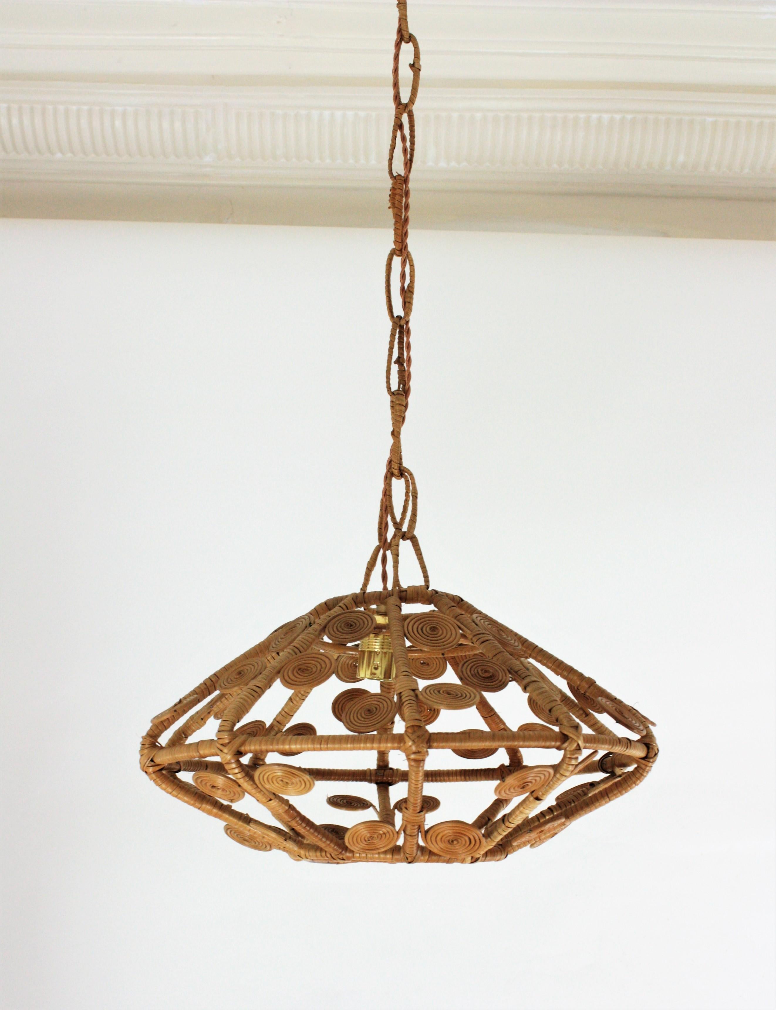 Spanish Modern Rattan Wicker Pendant Hanging Lamp with Filigree Details, 1960s 11