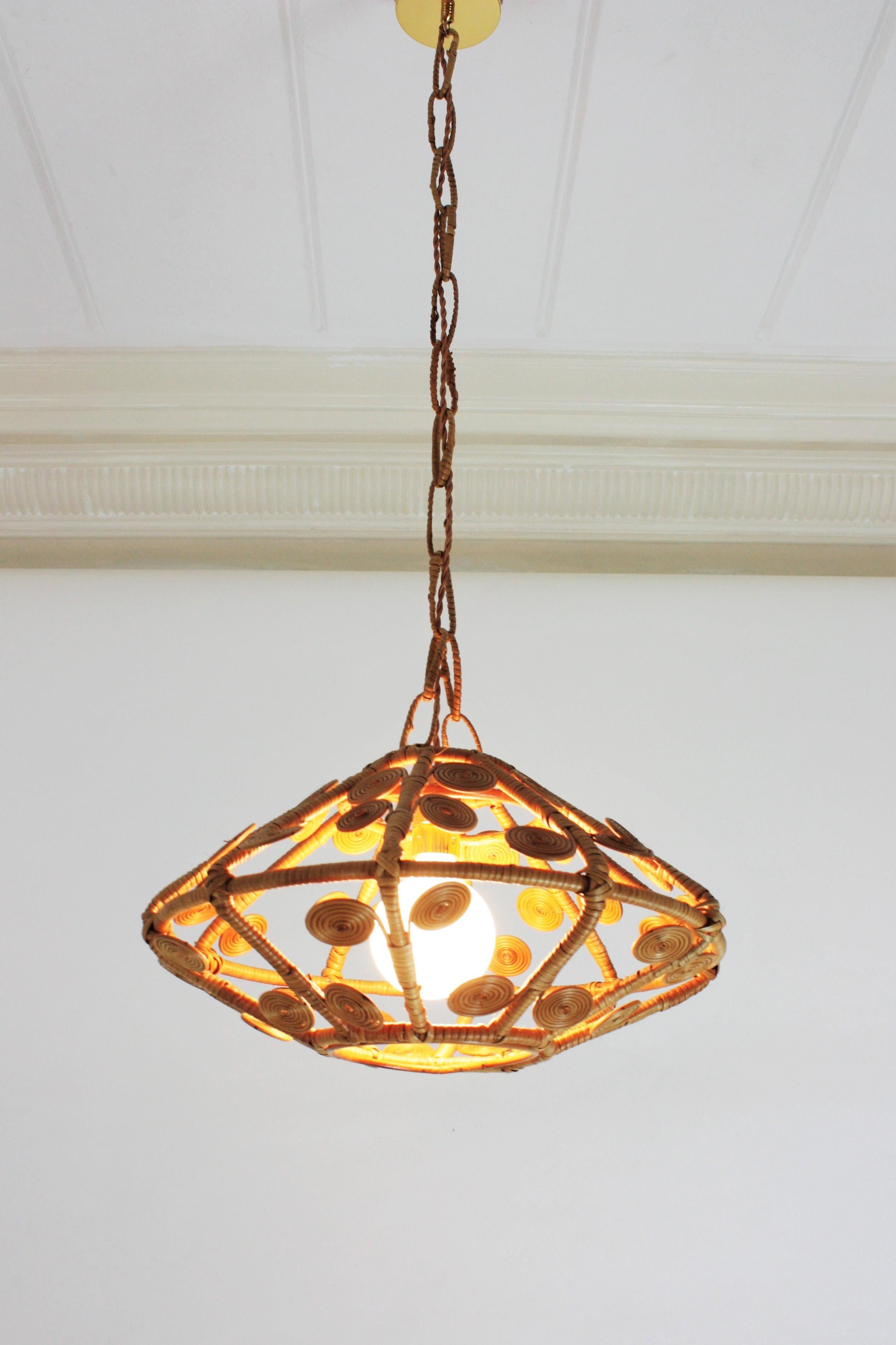 Spanish Modern Rattan Wicker Pendant Hanging Lamp with Filigree Details, 1960s 12