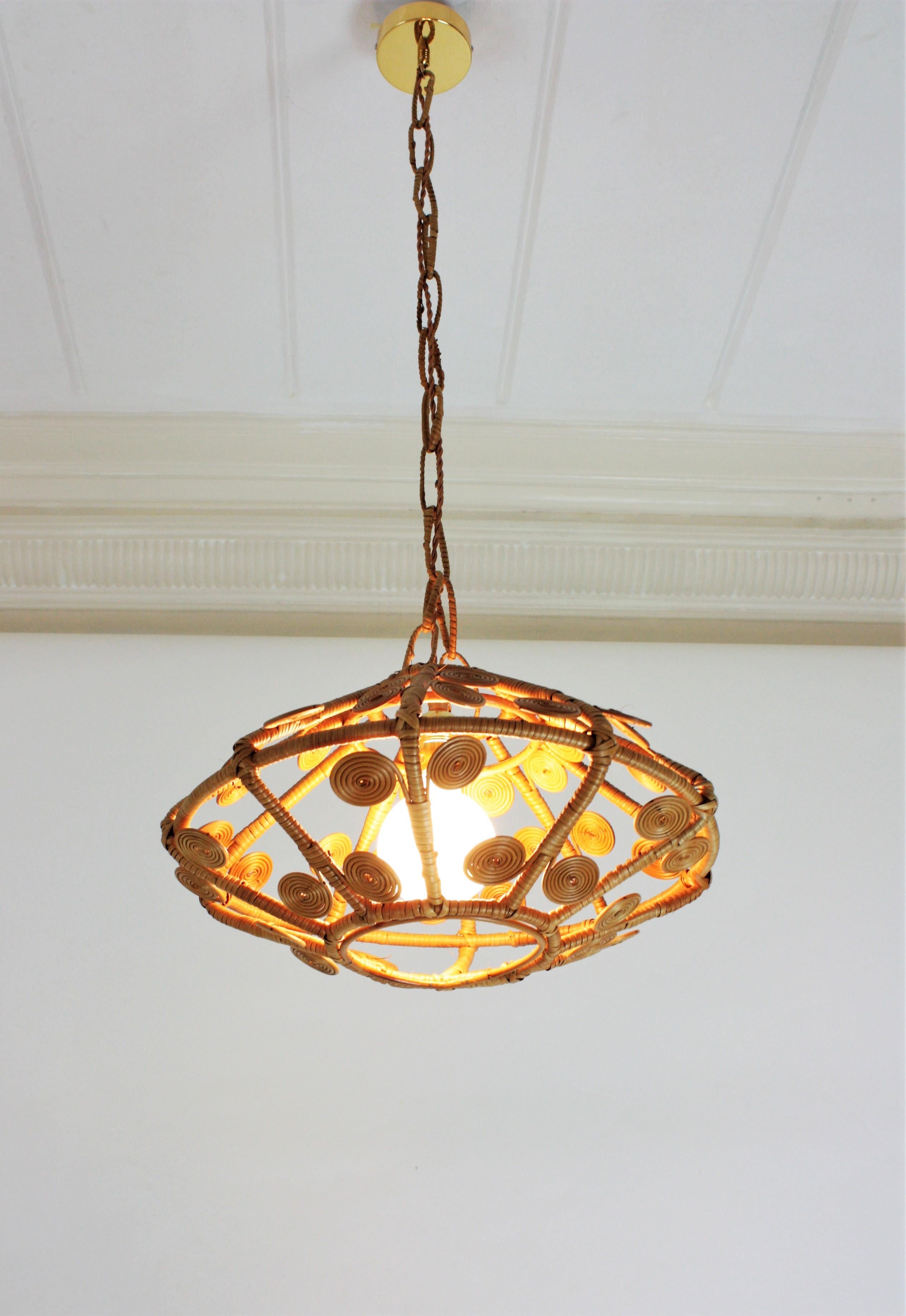 Bohemian Spanish Modern Rattan Wicker Pendant Hanging Lamp with Filigree Details, 1960s
