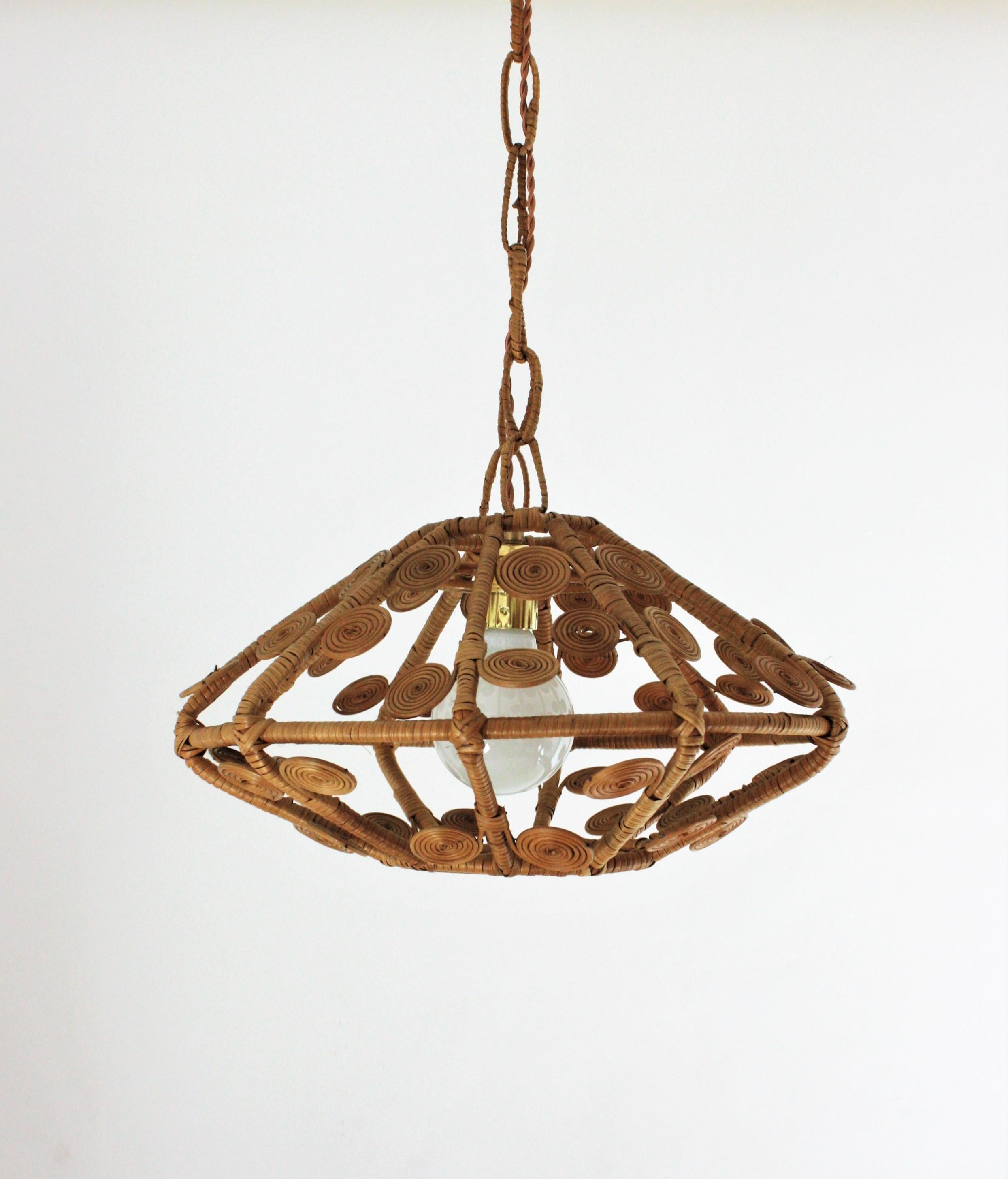 Hand-Crafted Spanish Modern Rattan Wicker Pendant Hanging Lamp with Filigree Details, 1960s