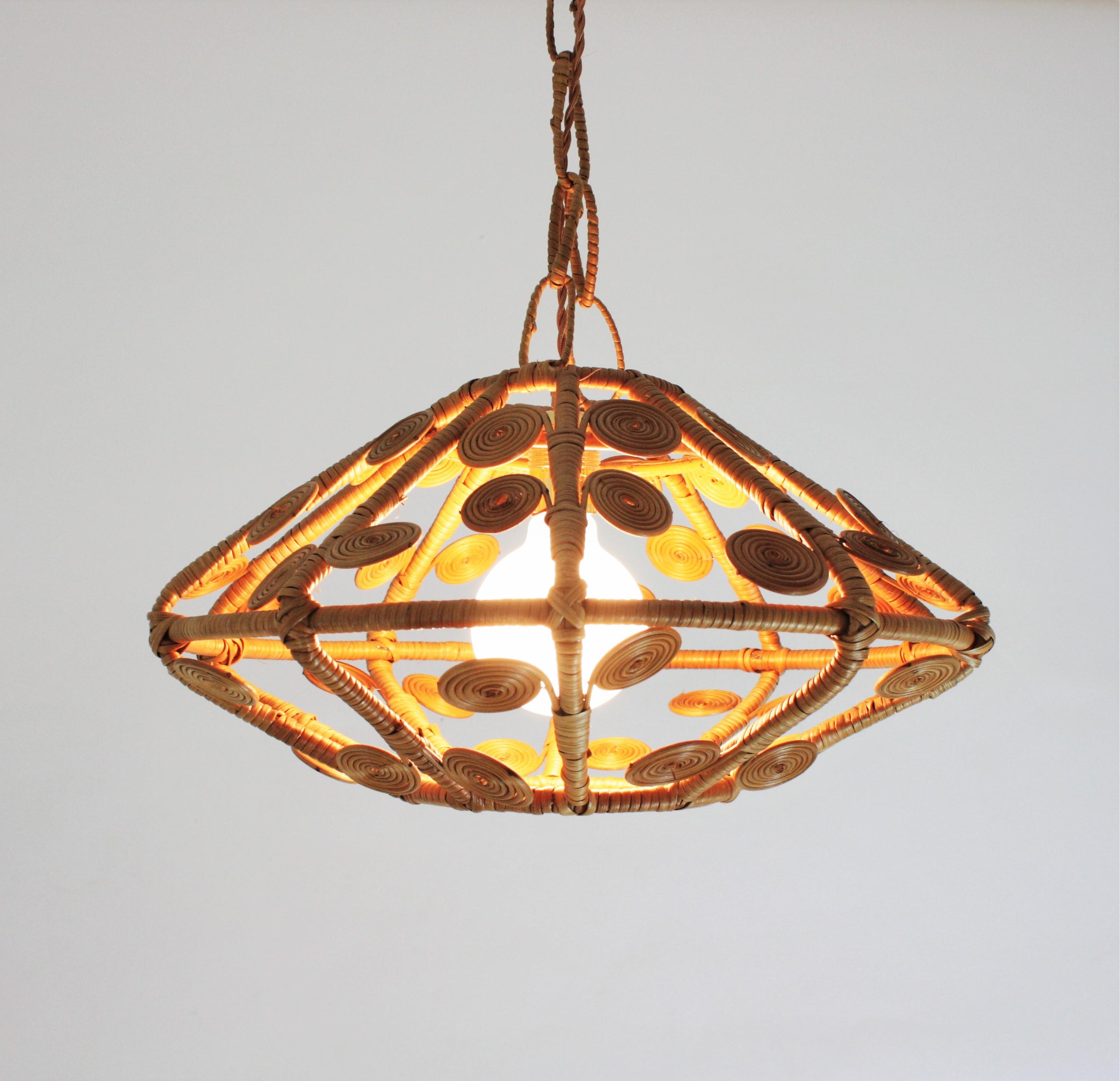 20th Century Spanish Modern Rattan Wicker Pendant Hanging Lamp with Filigree Details, 1960s