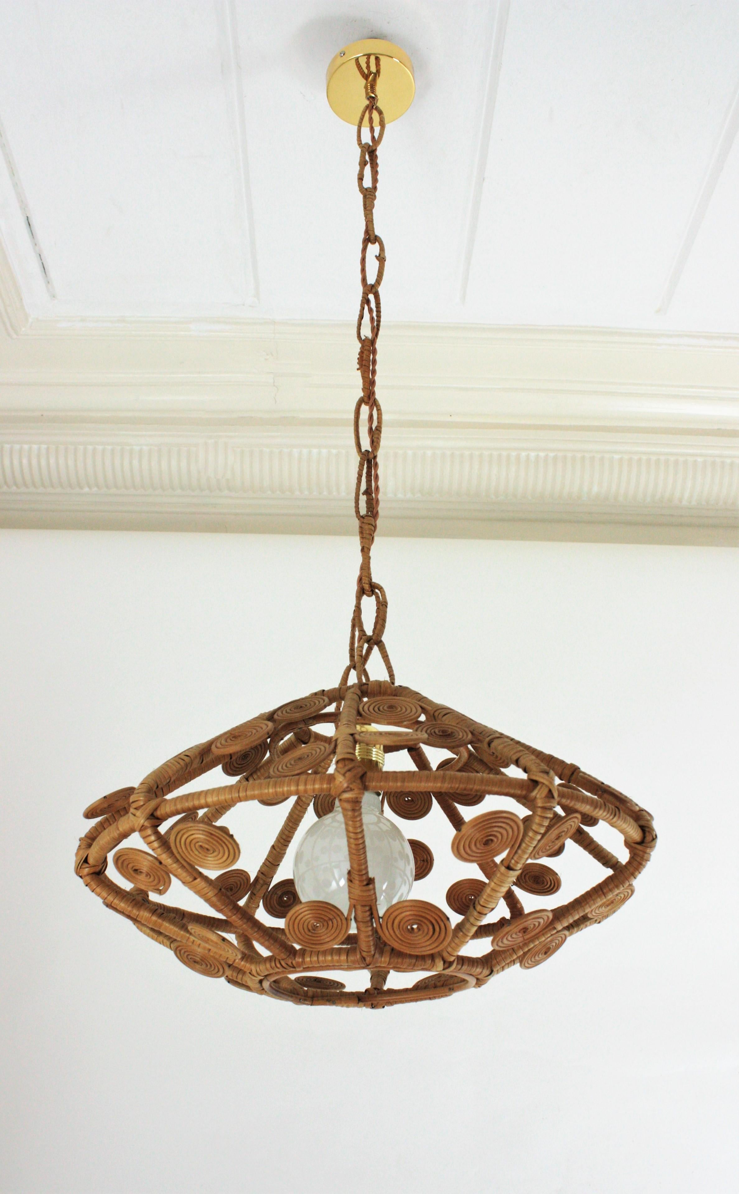 Spanish Modern Rattan Wicker Pendant Hanging Lamp with Filigree Details, 1960s 1