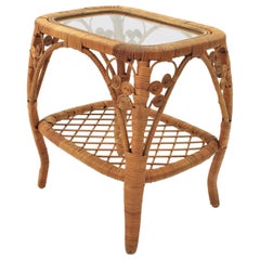 Vintage Rattan Wicker Side Table / Night Stand