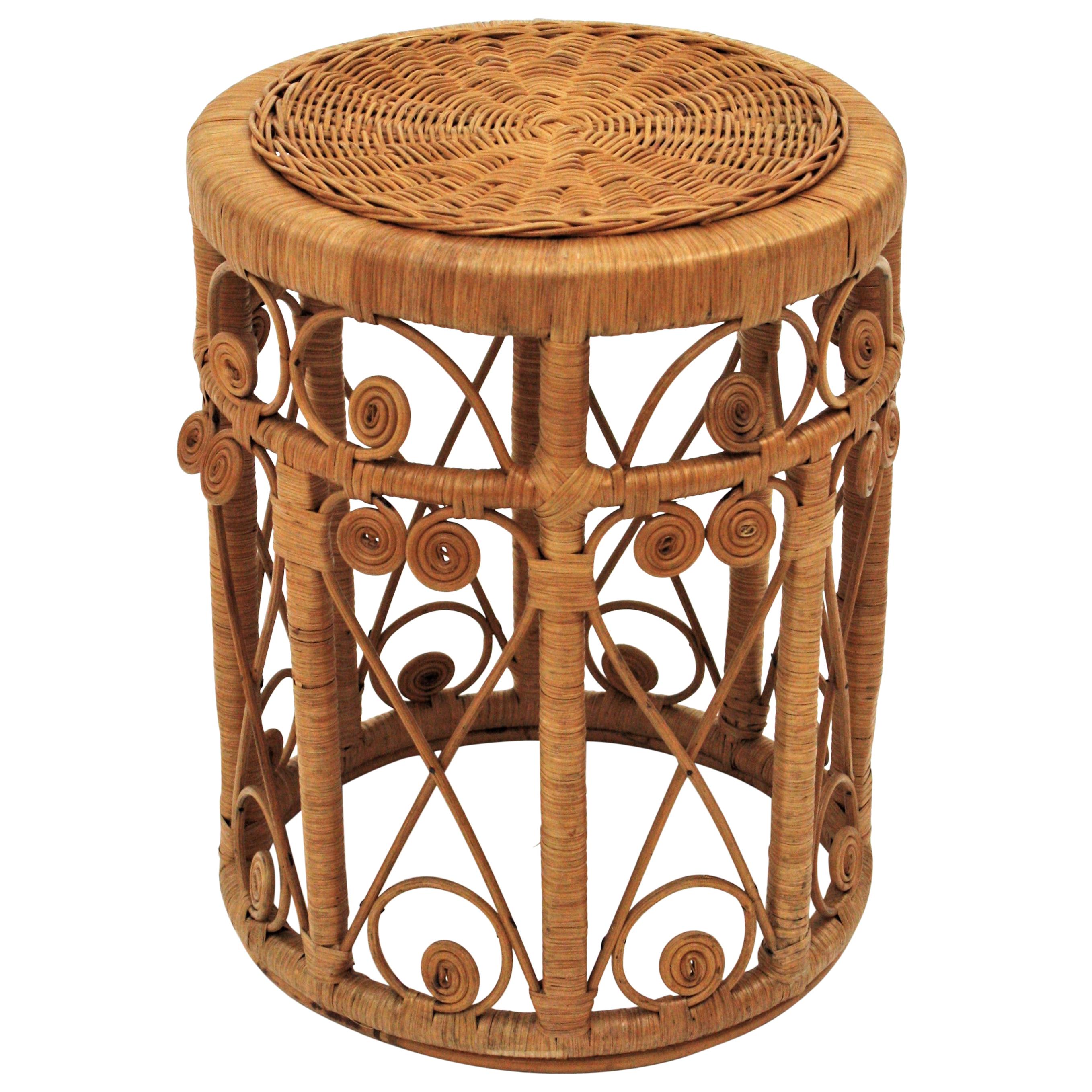 Rattan Round Stool or End Table with Filigree Details, 1960s