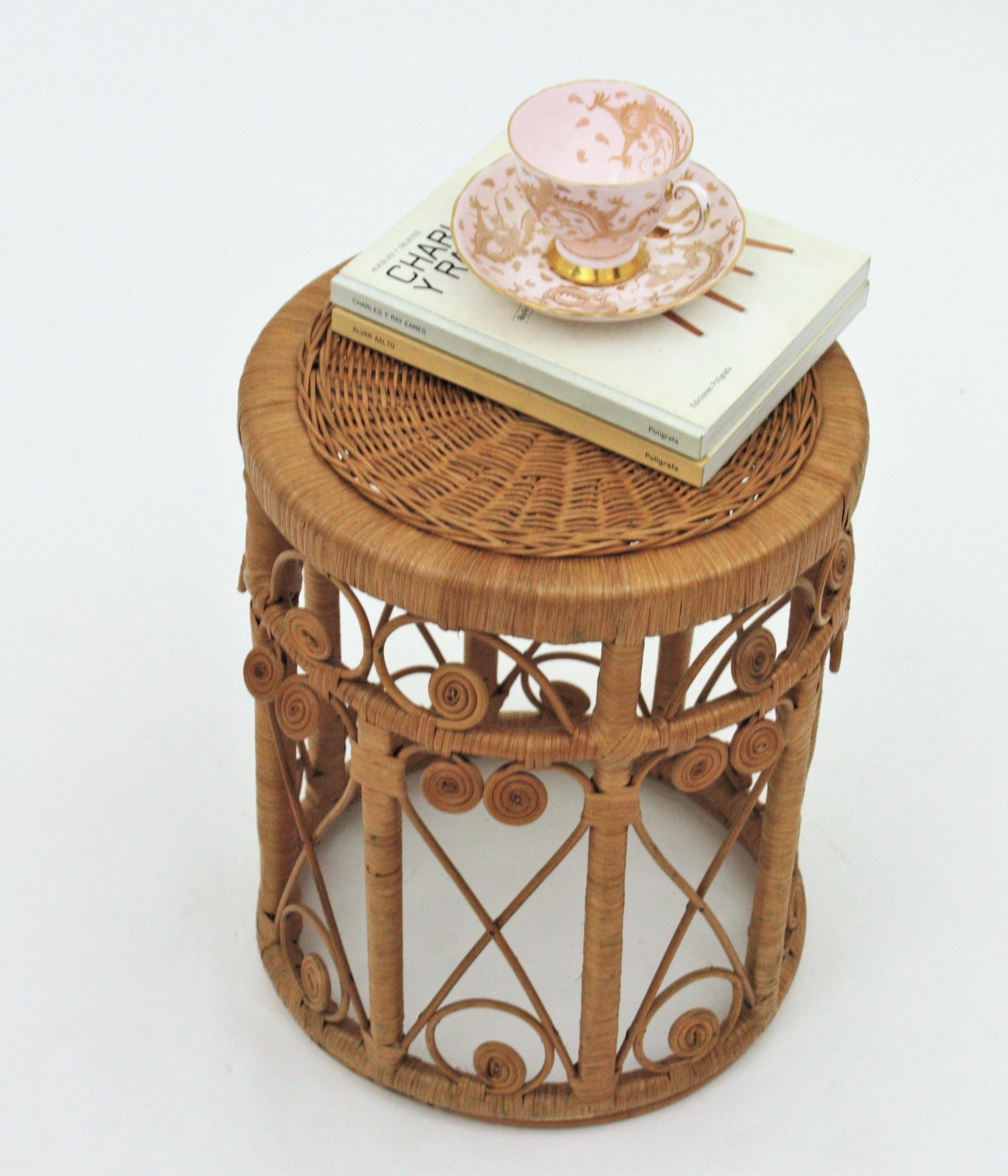 Cane Rattan Round Stool or End Table with Filigree Details, 1960s