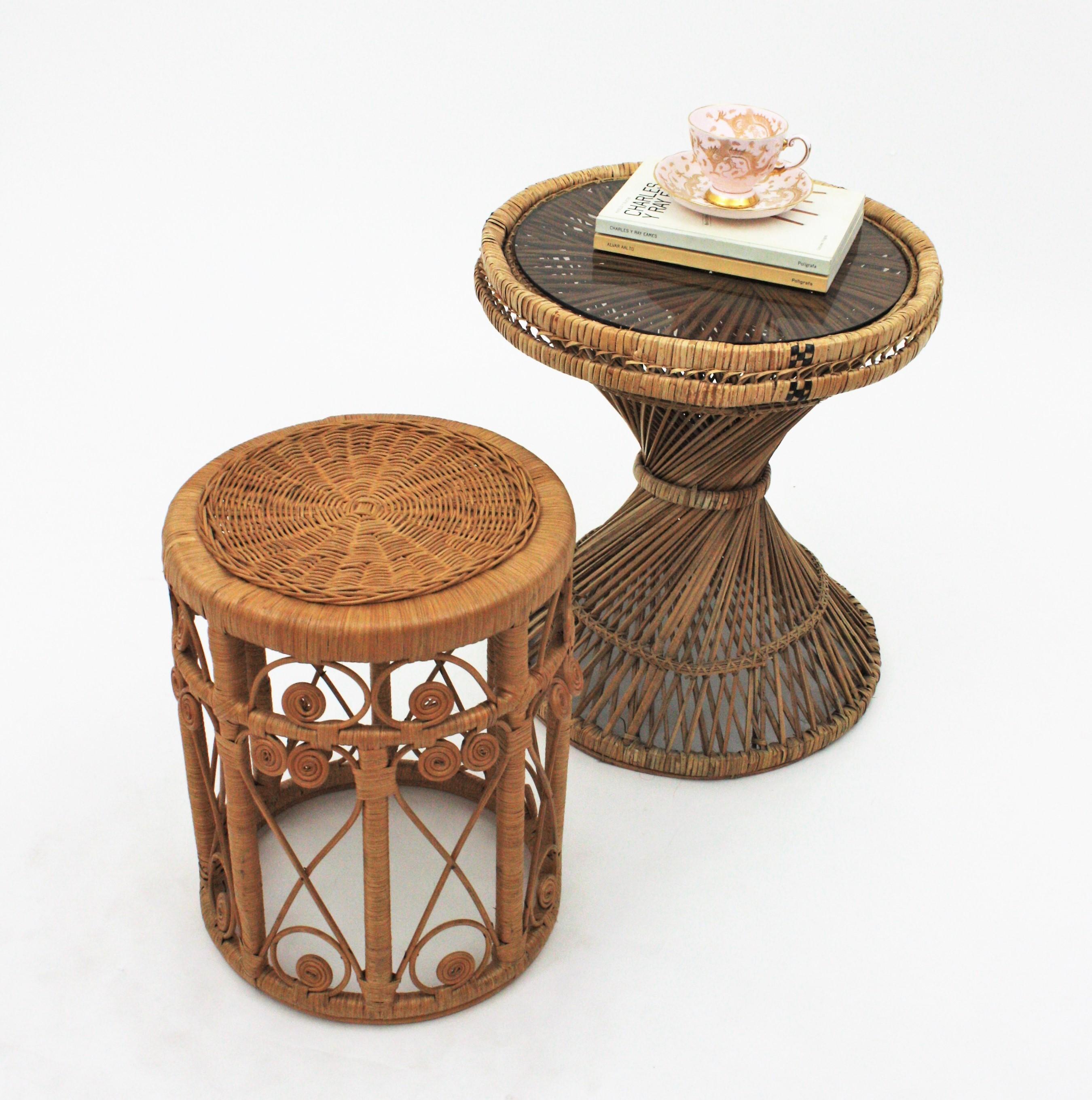 Rattan Round Stool or End Table with Filigree Details, 1960s 1