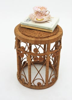 Rattan Round Stool or End Table with Filigree Details, 1960s