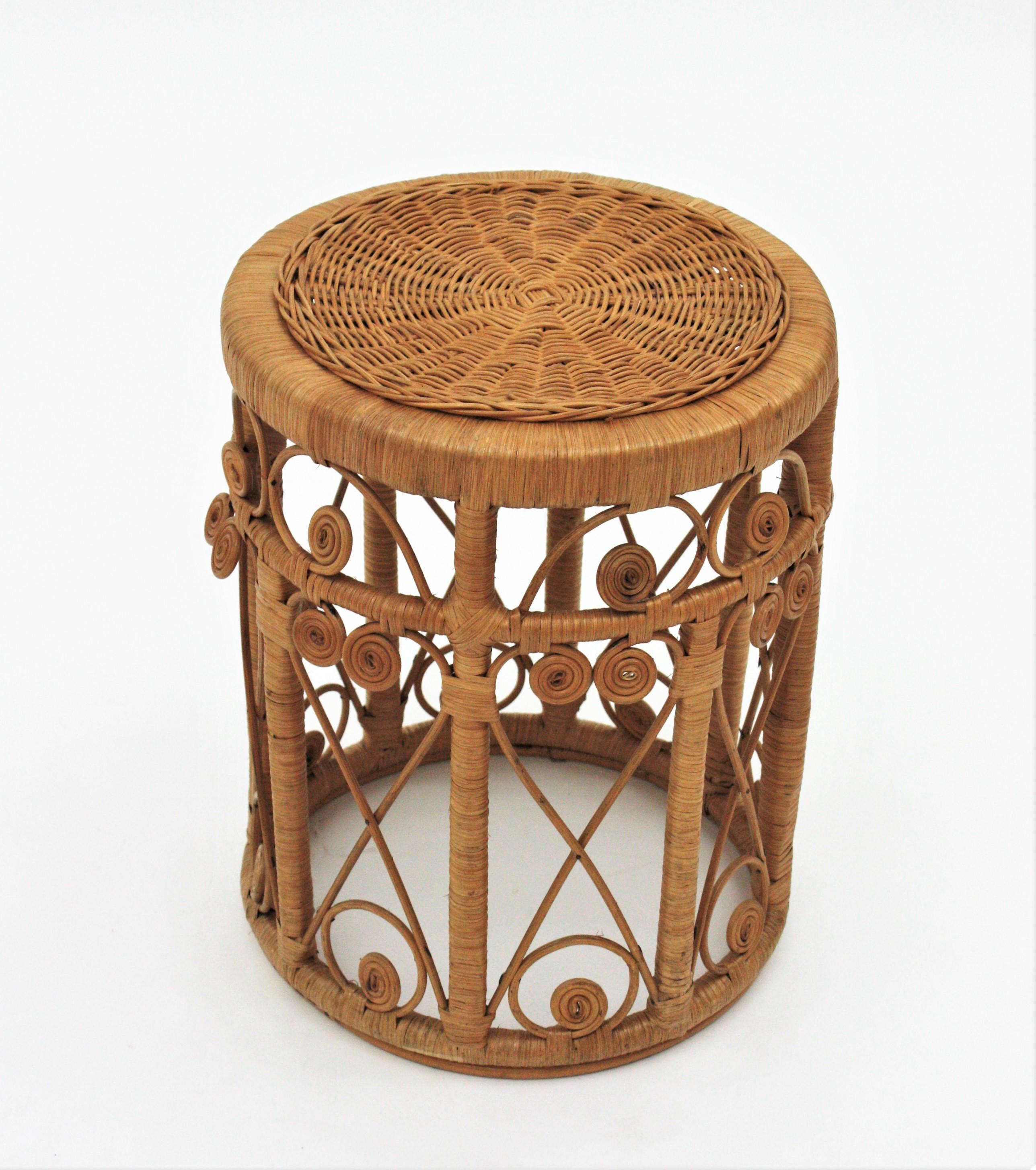 Bohemian Rattan Round Stool or End Table with Filigree Details, 1960s