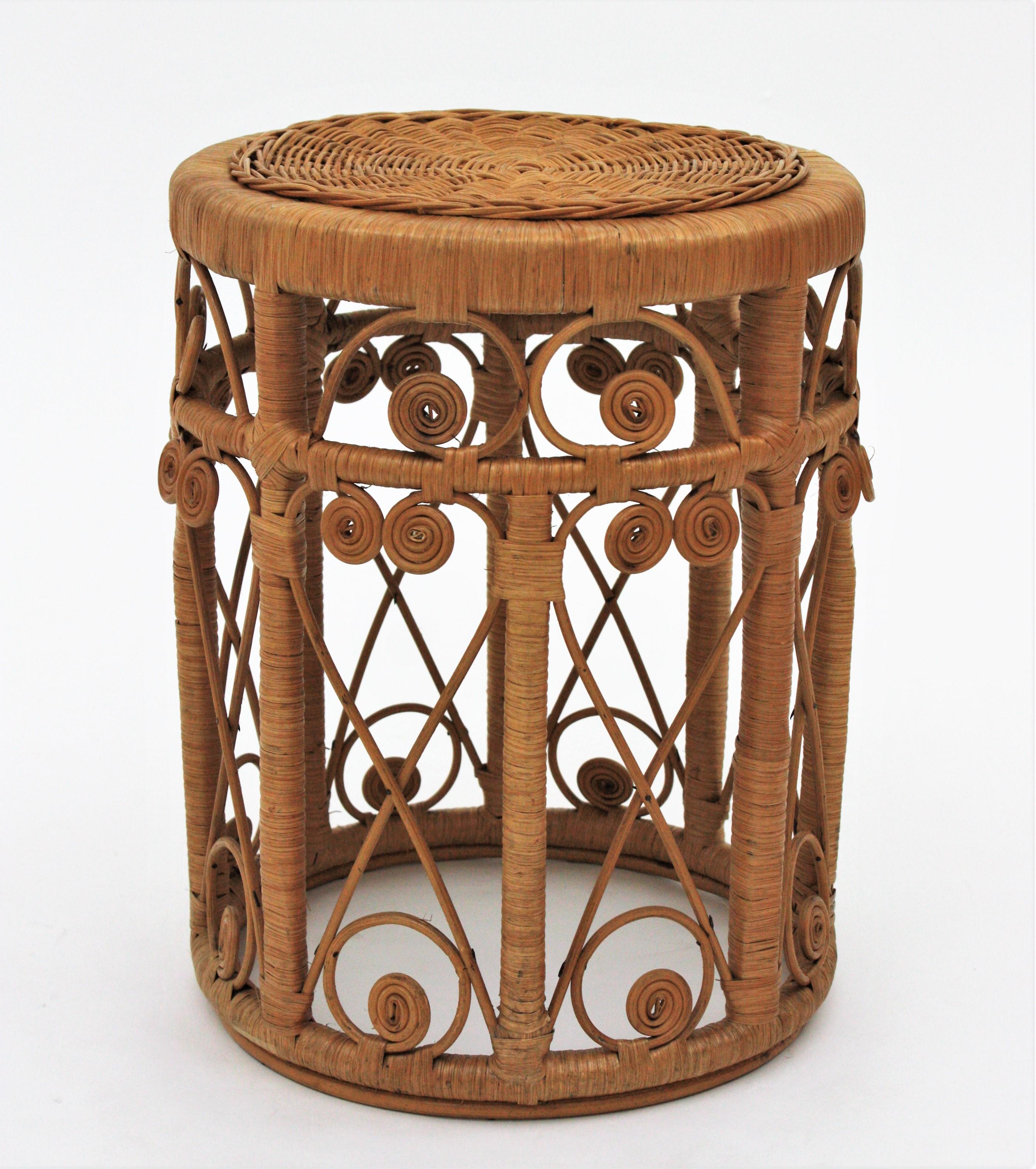 Spanish Rattan Round Stool or End Table with Filigree Details, 1960s