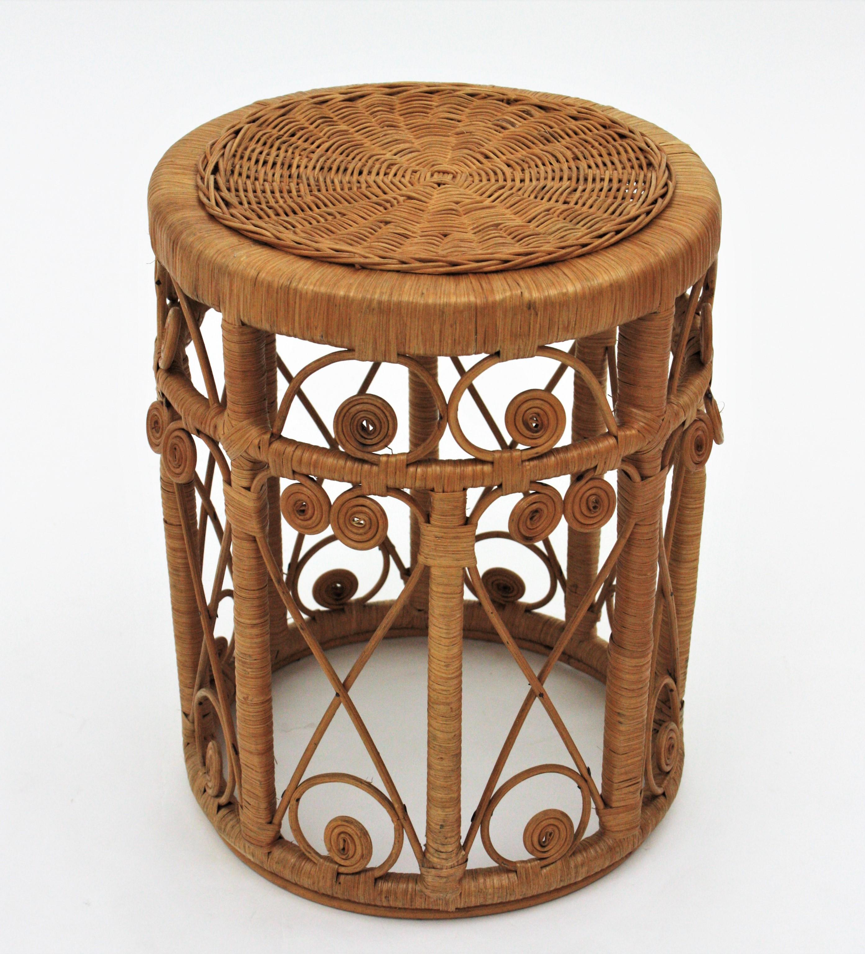 Hand-Crafted Rattan Round Stool or End Table with Filigree Details, 1960s