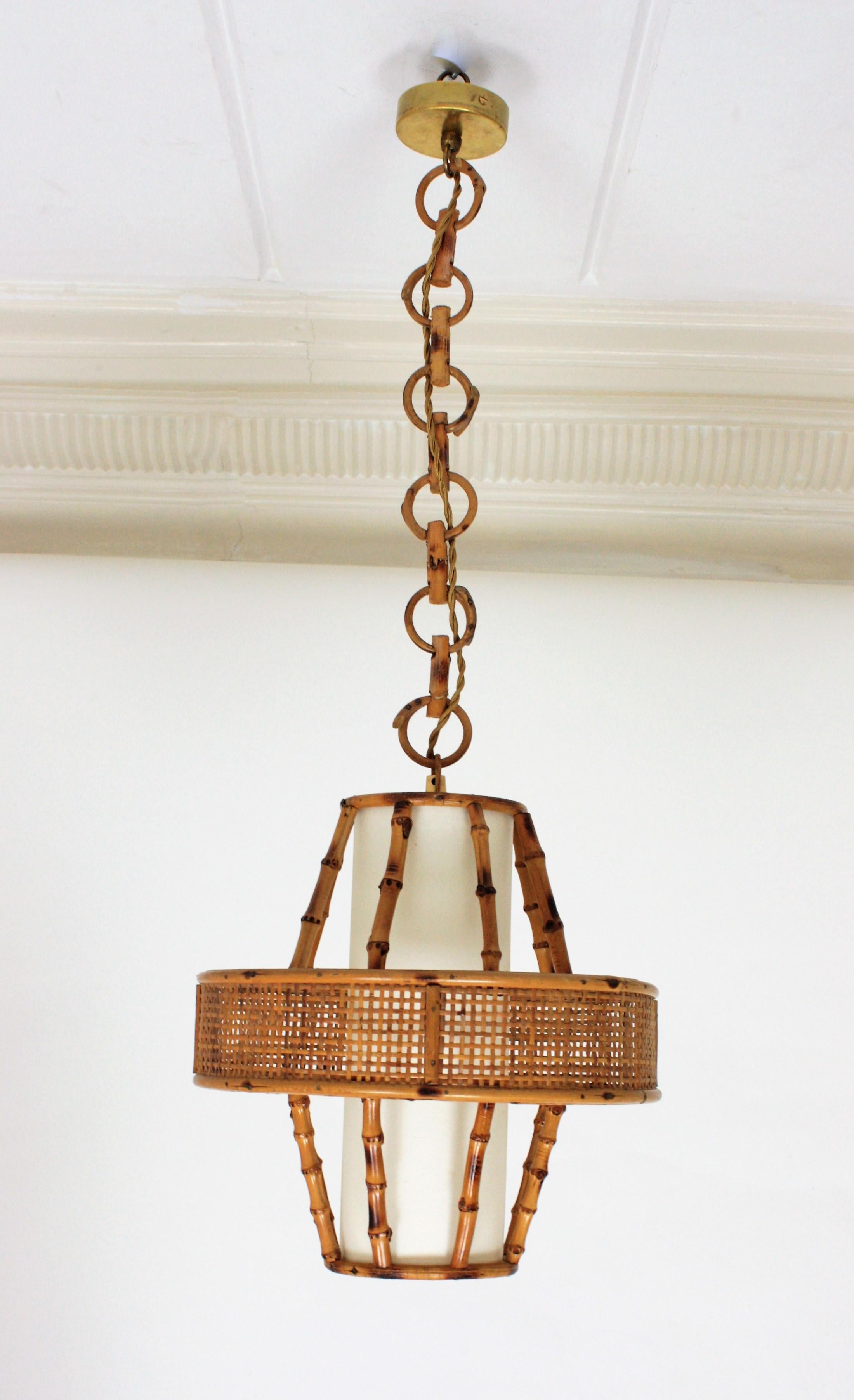 Rattan Bamboo Wicker Wire Pendant Light or Lantern, Spain, 1950s In Good Condition In Barcelona, ES