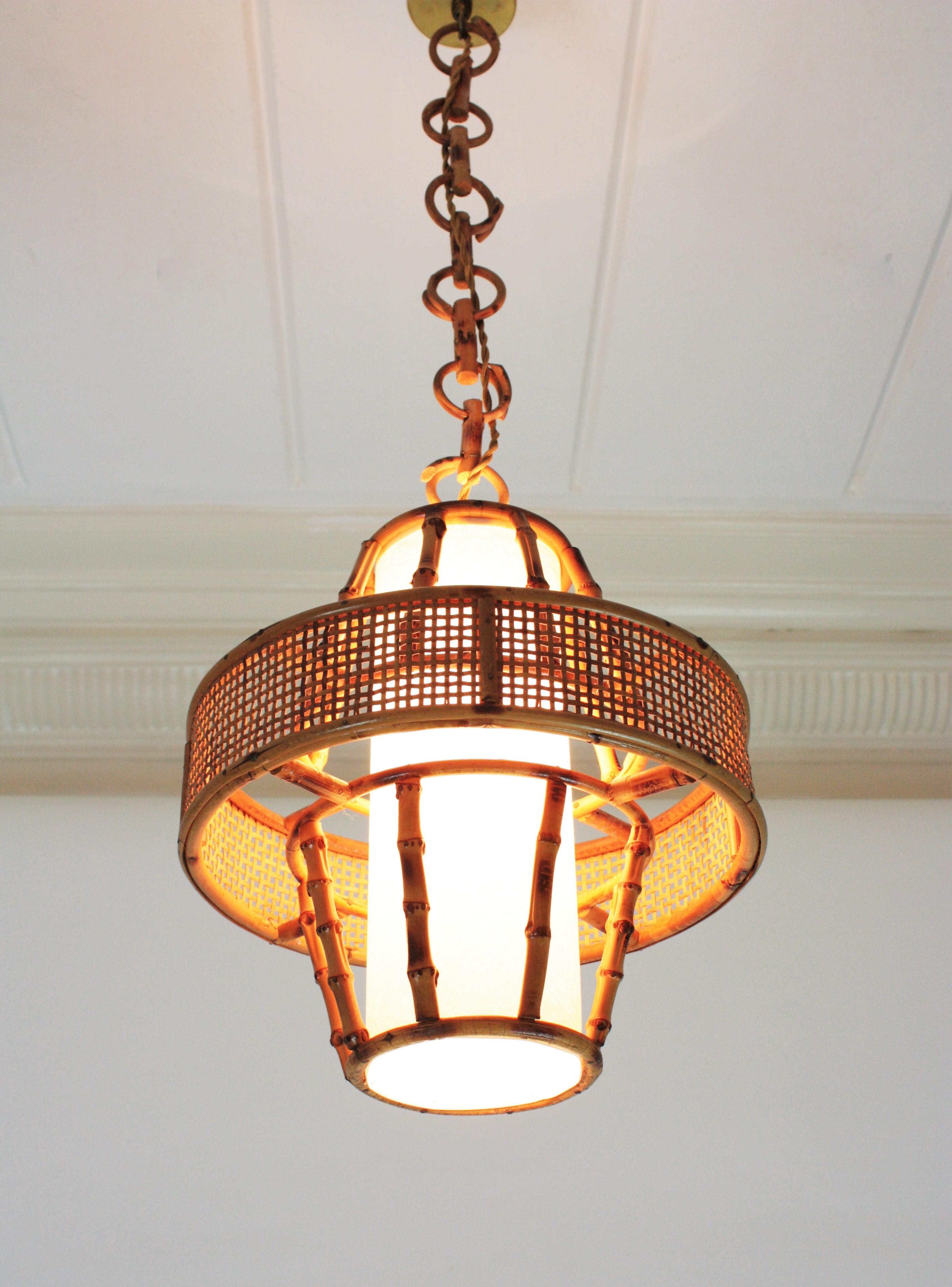 Cane Rattan Bamboo Wicker Wire Pendant Light or Lantern, Spain, 1950s