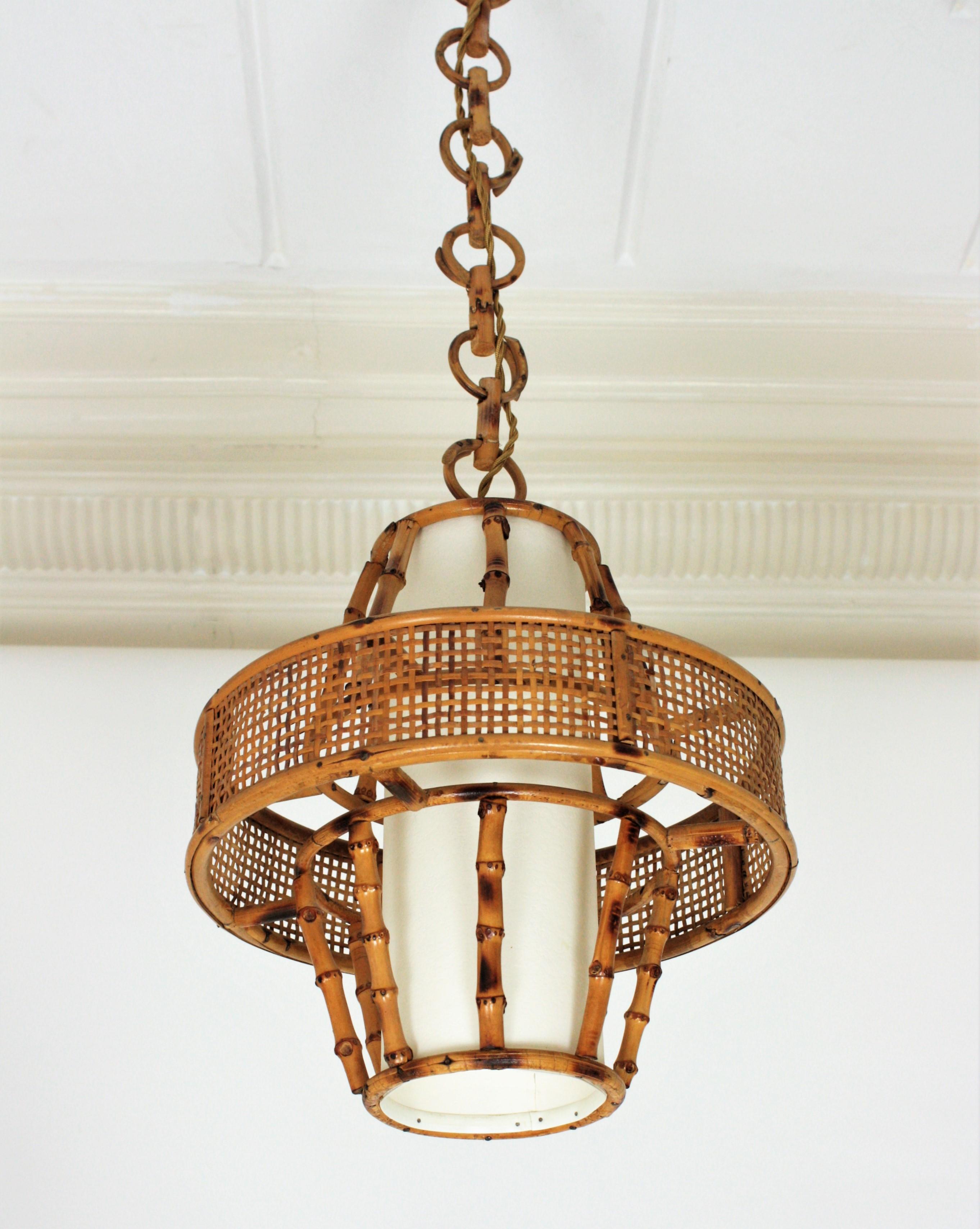 Rattan Bamboo Wicker Wire Pendant Light or Lantern, Spain, 1950s 1