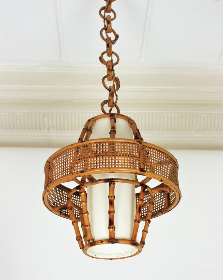 Spanish Modern Wicker Wire, Rattan and Bamboo Conic Pendant Lamp with