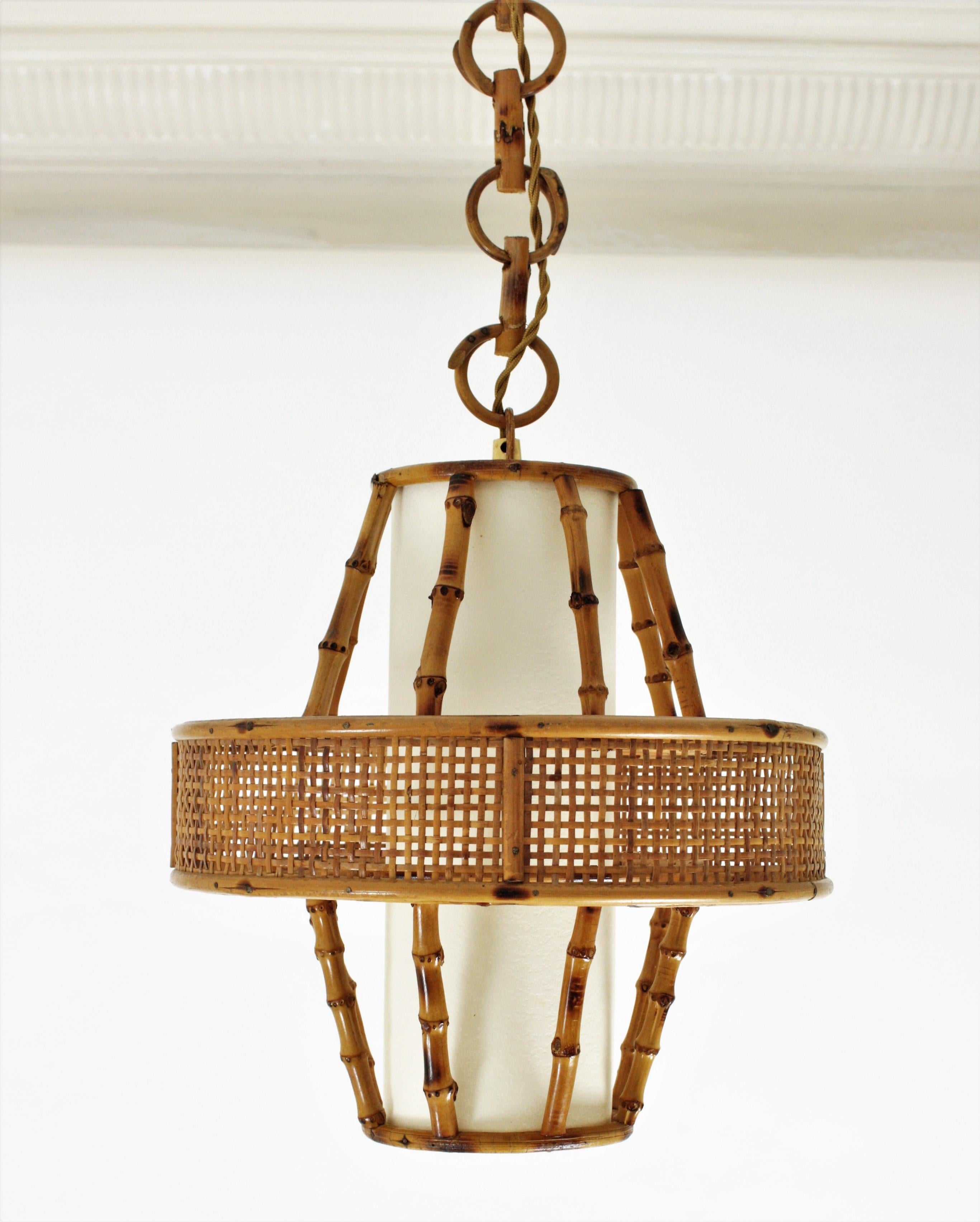 Rattan Bamboo Wicker Wire Pendant Light or Lantern, Spain, 1950s 4